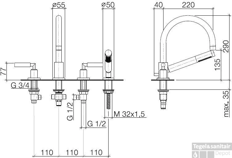 Dornbracht Tara. 4-gats Badrandcomb.voor Badrandmontage Met Hendel Chroom 4 Dornbracht Tara. 4-gats Badrandcomb.voor Badrandmontage Met Hendel Chroom - Afbeelding 2