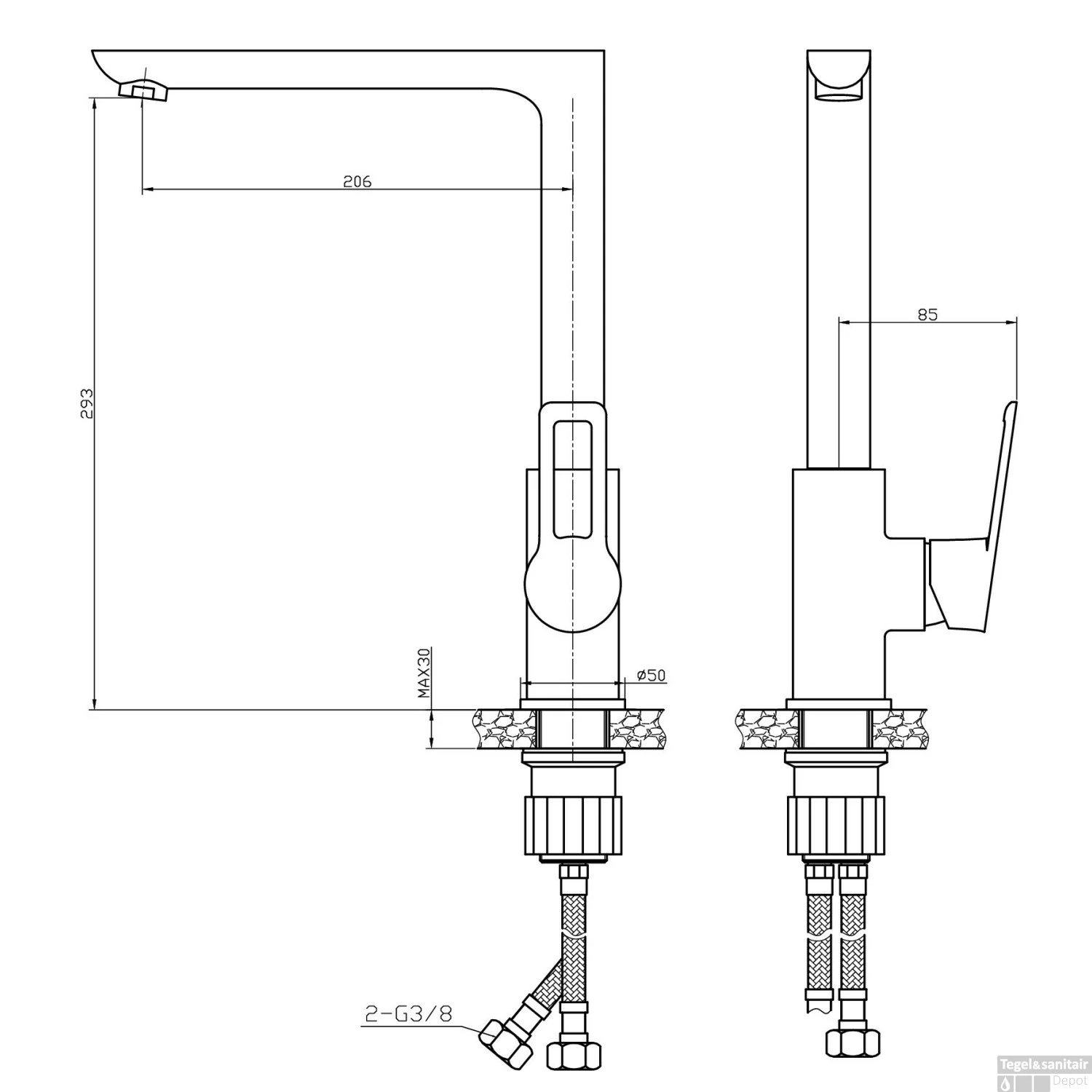 Wastafelkraan Sanimar Braga Geborsteld Inox 4 Wastafelkraan Sanimar Braga Geborsteld Inox - Afbeelding 2