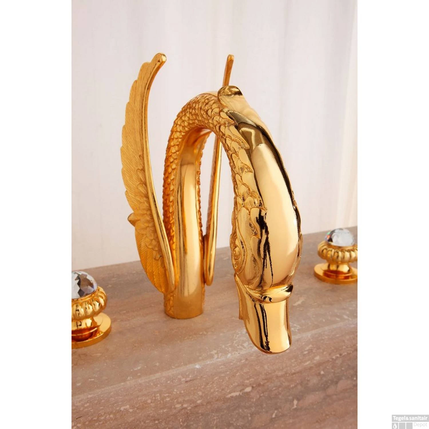 Wastafelmengkraan 3-gats Sapho Crystal 2-knop Zwaan 32 Cm Goud (incl. Waste) - Afbeelding 2