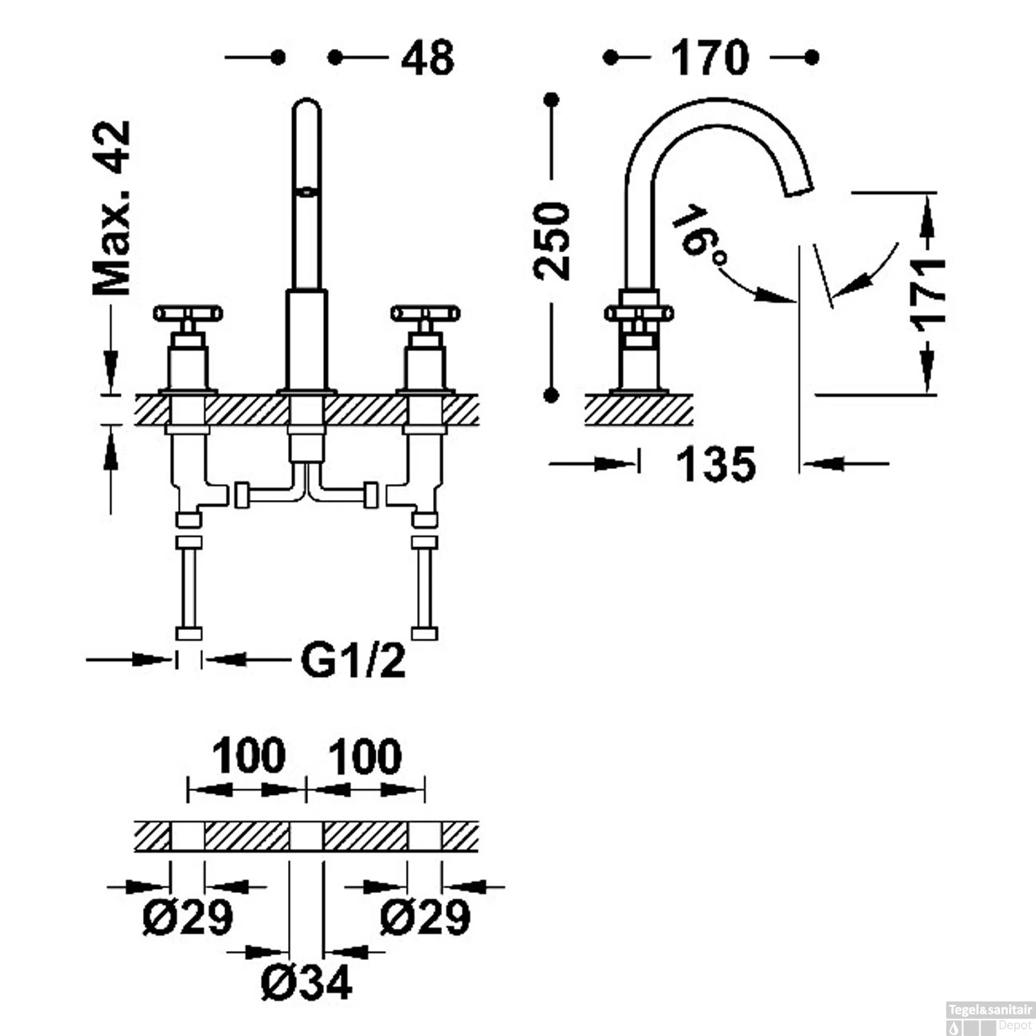Wastafelmengkraan Tres Mont Blanc 3-Gats Met Twee Grepen Mat Roze Goud 4 Wastafelmengkraan Tres Mont Blanc 3-Gats Met Twee Grepen Mat Roze Goud - Afbeelding 2