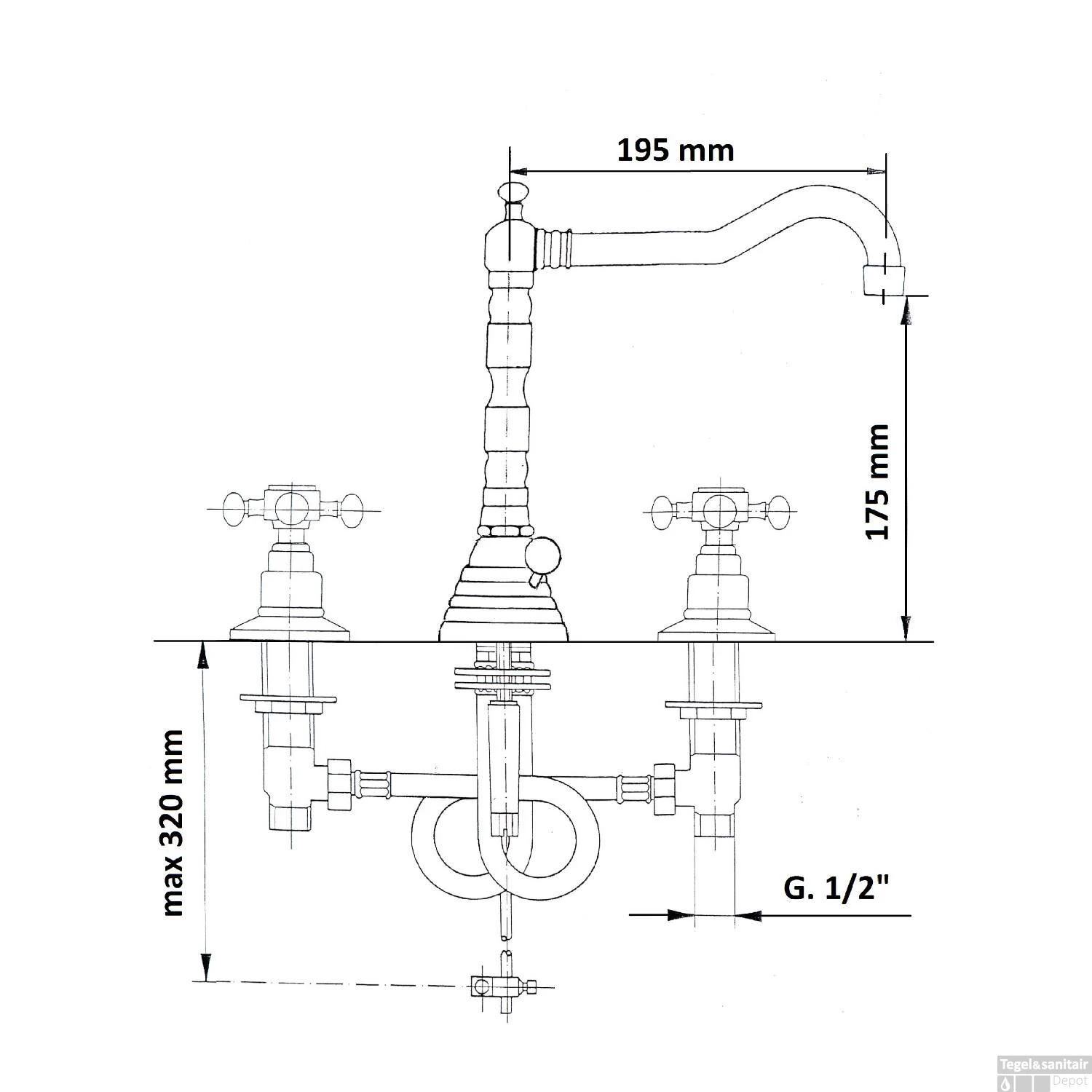Wastafelmengkraan Retro 3-gats Sapho Antea 2-knop Uitloop Gebogen 17.5 Cm Chroom / Goud (incl. Waste) 4 Wastafelmengkraan Retro 3-gats Sapho Antea 2-knop Uitloop Gebogen 17.5 Cm Chroom / Goud (incl. Waste) - Afbeelding 2