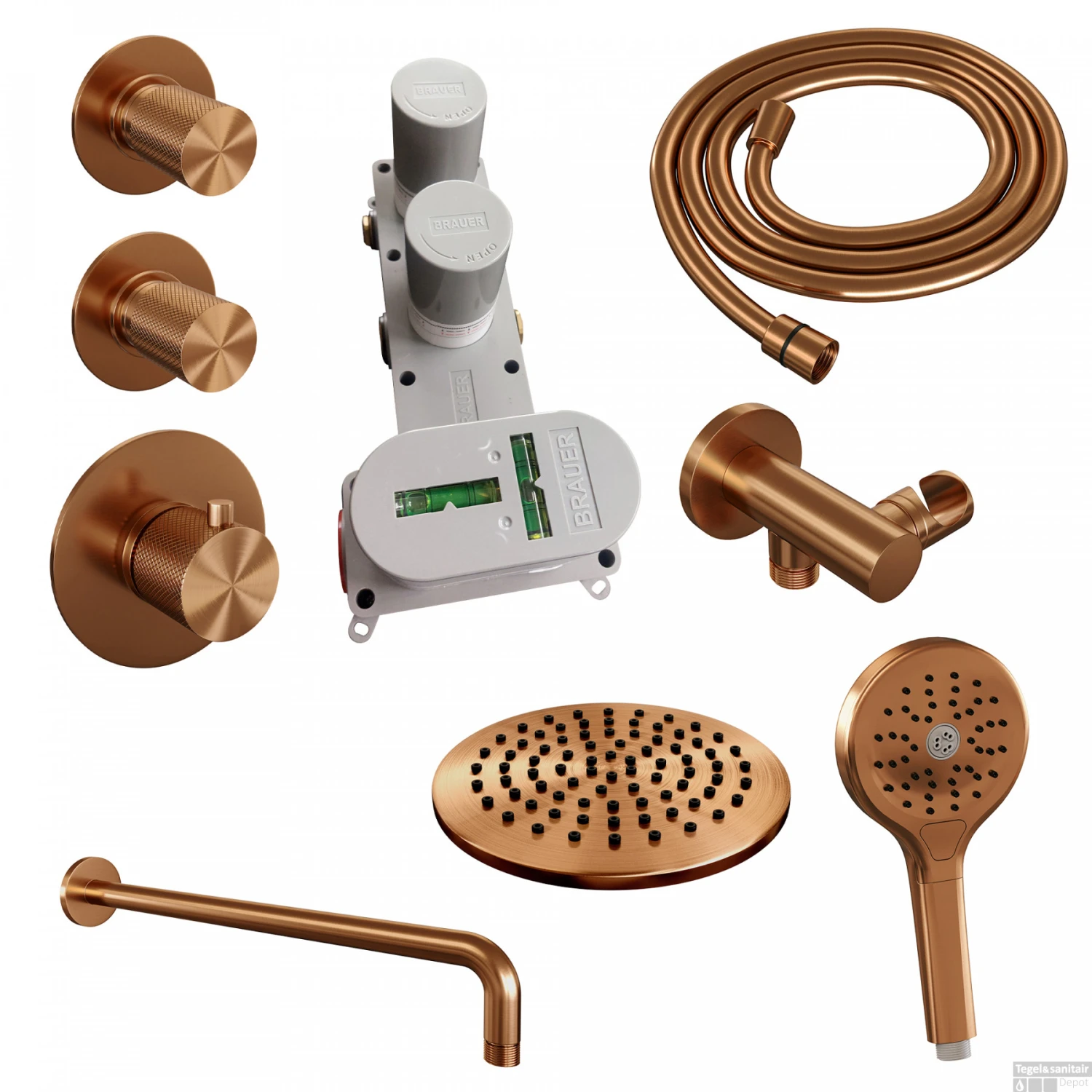 Regendoucheset Inbouw Brauer Copper Carving Thermostatisch 20cm Met Gebogen Wandarm En Handdouche 3-Standen Losse Stopkranen Geborsteld Koper 4 Regendoucheset Inbouw Brauer Copper Carving Thermostatisch 20cm Met Gebogen Wandarm En Handdouche 3-Standen Losse Stopkranen Geborsteld Koper - Afbeelding 2