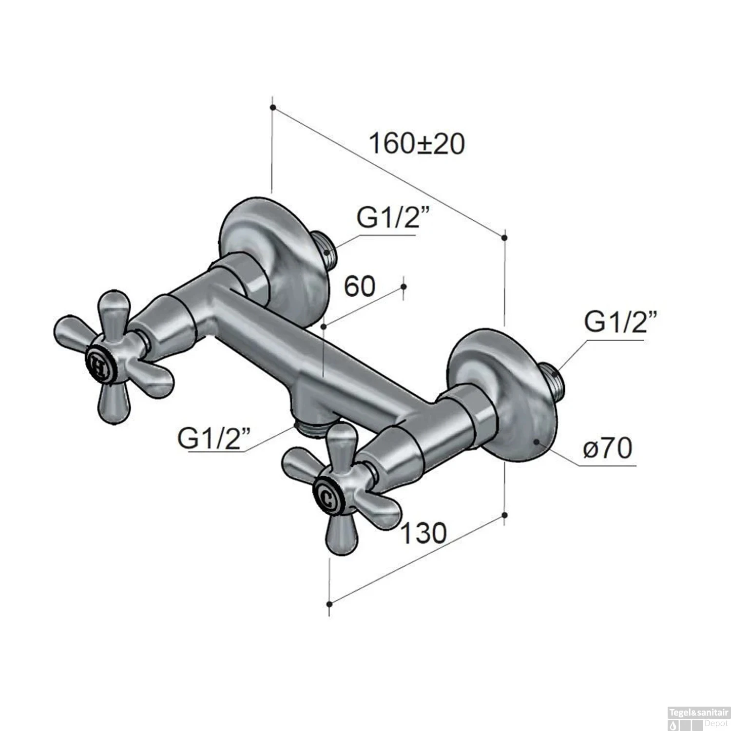 Douchemengkraan Hotbath Amice Opbouw 2-kruisgreep Chroom 5 Douchemengkraan Hotbath Amice Opbouw 2-kruisgreep Chroom - Afbeelding 3