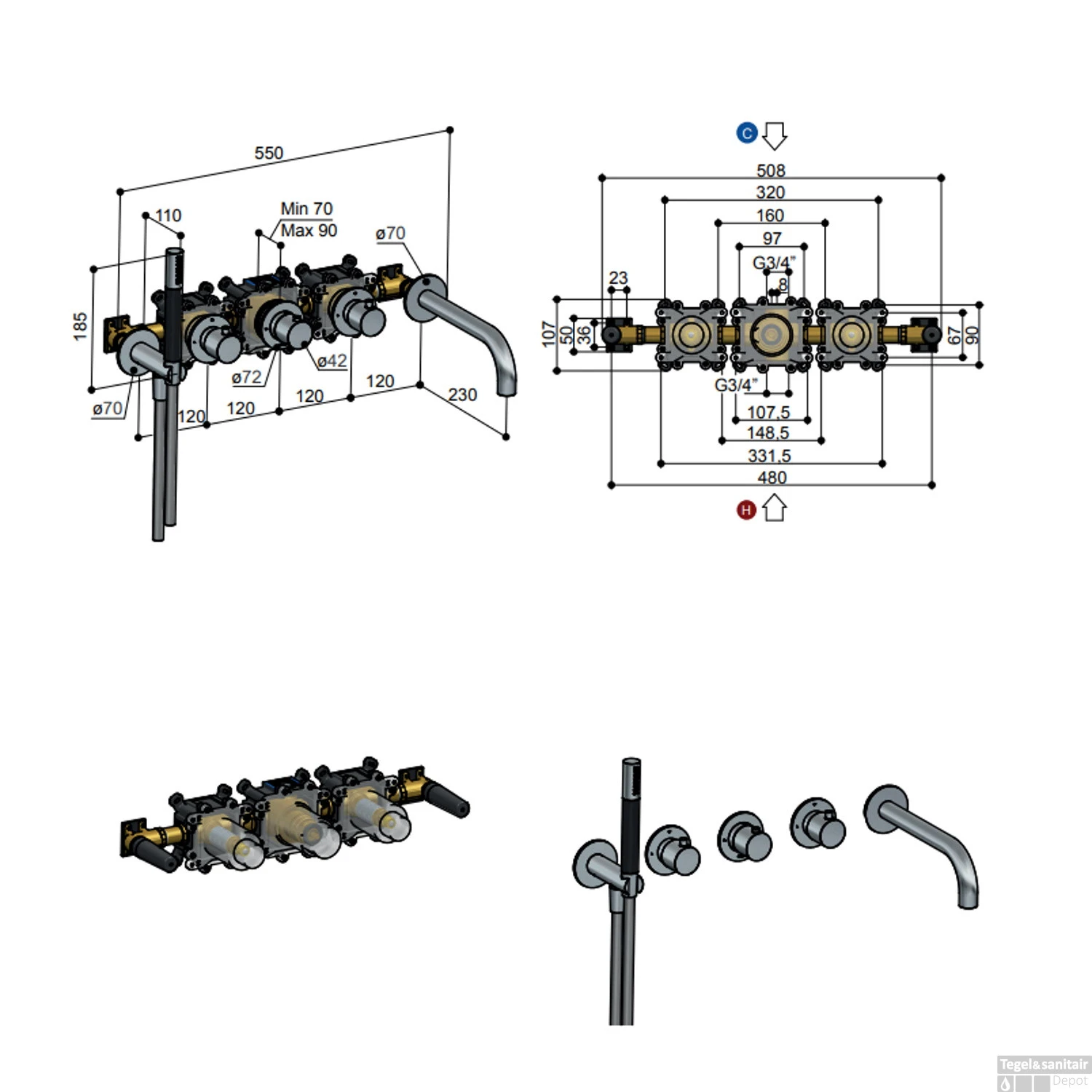 Afbouwdeel Hotbath Archie Bad/Douche Thermostaat 2 Stopkranen Zonder Uitloop Geborsteld Gunmetal PVD - Afbeelding 2