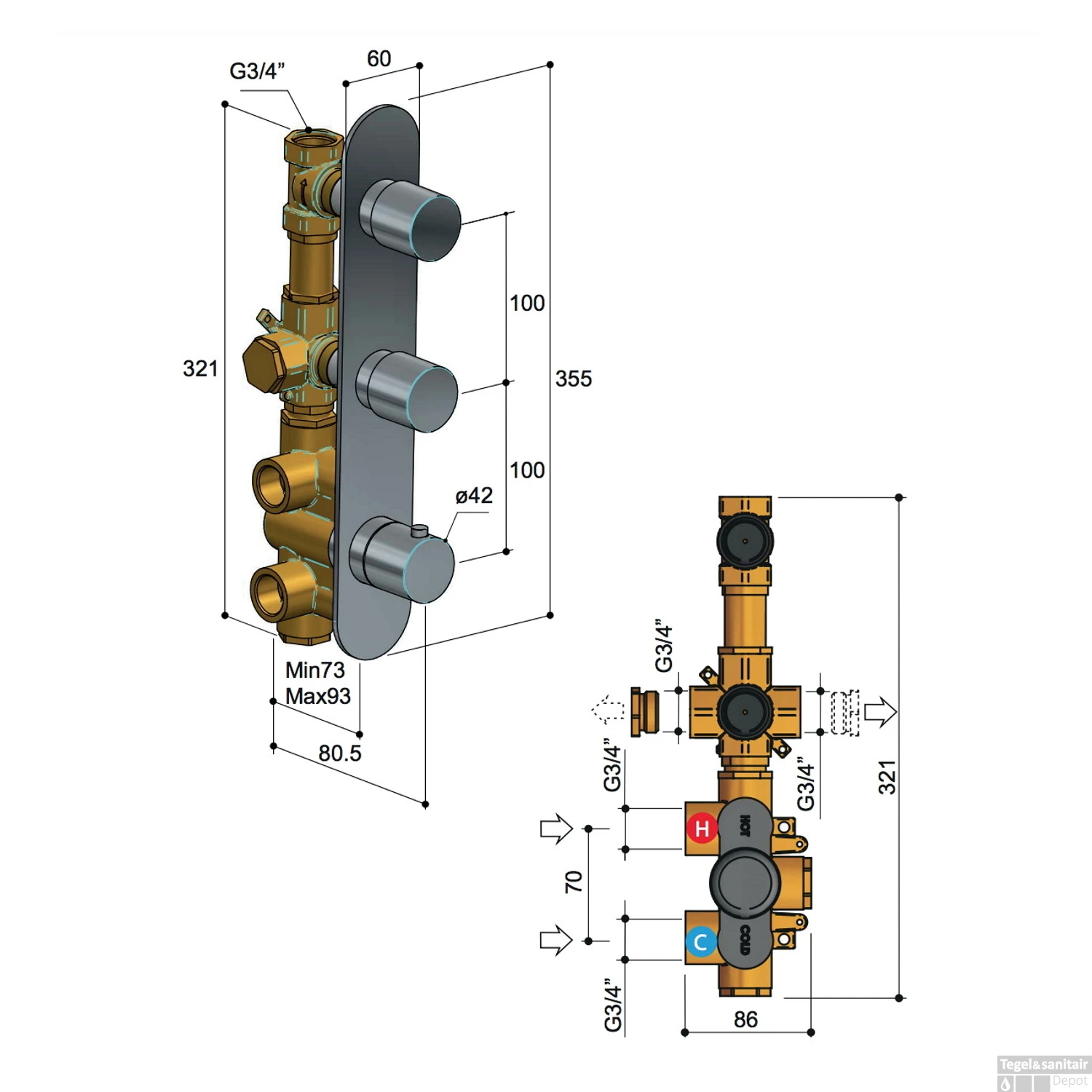 Douchethermostaat Hotbath Buddy Inbouw 2 Stopkranen Verticaal Geborsteld Nikkel OUTLET - Afbeelding 3