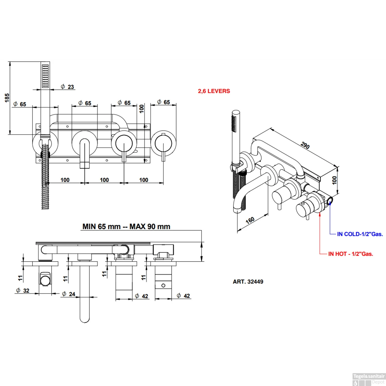 Badkraan Inbouw Bongio Squadra Thermostatisch 22 Cm Uitloop Met Handdoucheset En 2-Weg Omstel RVS - Afbeelding 2