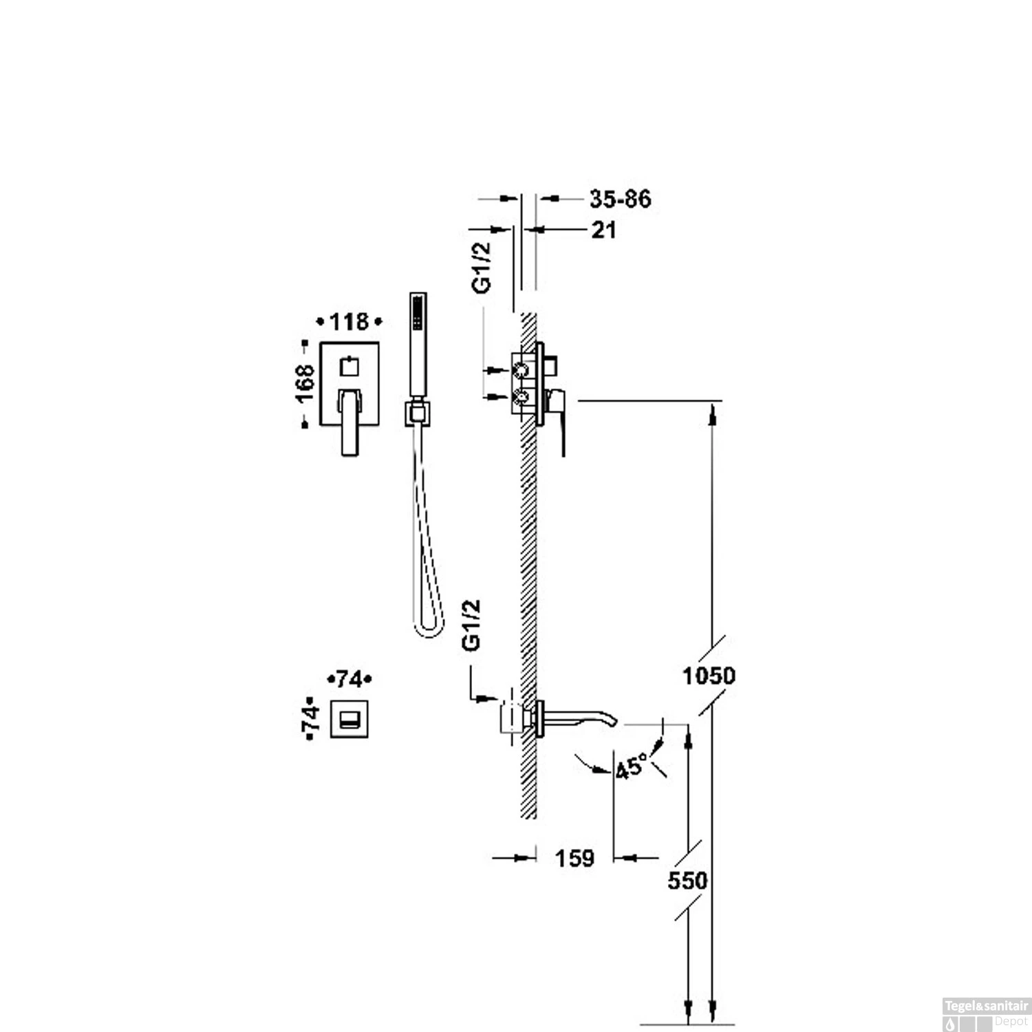 Badkraan Inbouw Tres Slim Exclusive Met Handdoucheset, Wanduitloop En Mengkraan Chroom - Afbeelding 2