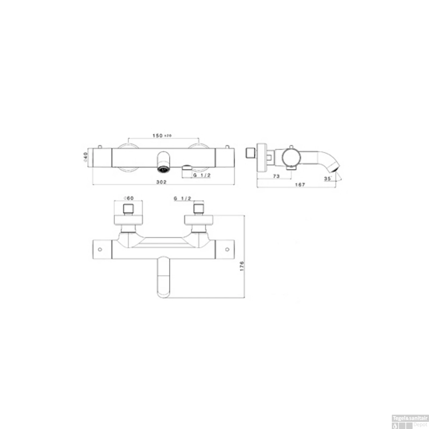 Badkraan Thermostatisch Plieger Napoli Met Omstel HOH 15cm Cool Body Zwart - Afbeelding 2