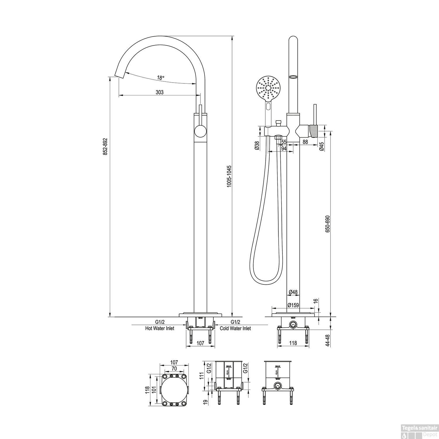 Badkraan Vrijstaand Brauer Black Carving Met Handdouche 3-Standen Mat Zwart - Afbeelding 6