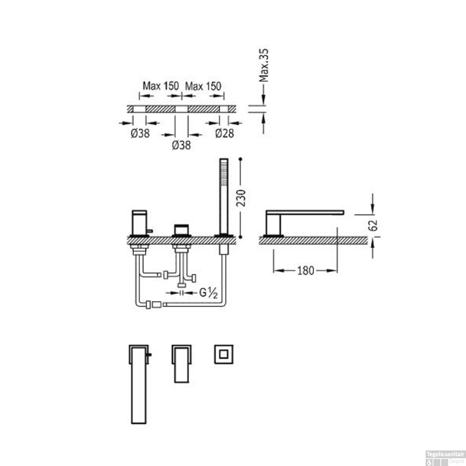 Badrand Mengkraan Tres Cuadro Met Handdouche 18x6.2 Cm Vierkant Mat Zwart - Afbeelding 2