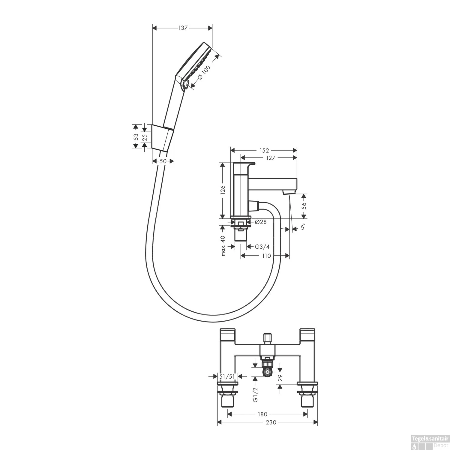Badrandmengkraan HansGrohe Vernis Shape 2-Gats Met Stopkraan En Vernis Blend Handdouche Vario Mat Zwart - Afbeelding 2