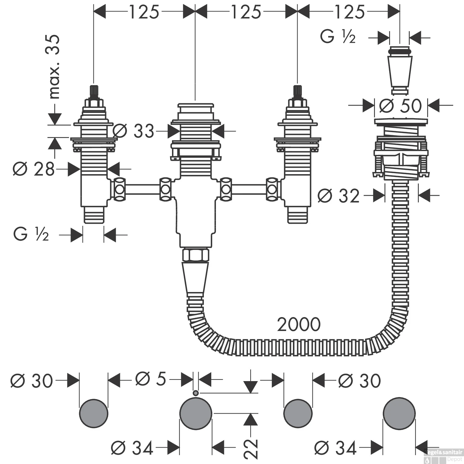 Badrandmengkraan Inbouwdeel HansGrohe Vernis Blend 4-gats 5 Badrandmengkraan Inbouwdeel HansGrohe Vernis Blend 4-gats - Afbeelding 3