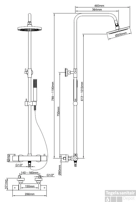 BWS Regendouche Opbouwset Thermostatisch 20cm Mat Zwart 4 BWS Regendouche Opbouwset Thermostatisch 20cm Mat Zwart - Afbeelding 2