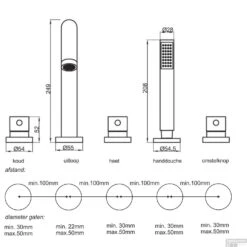 Badrand Combinatie Caral 5-gats Badrandkraan Compleet Geborsteld Staal (RVS Look) -Hansgrohe Badkamerinterieur Winkel caral 5 gats badrandcombinatie chroom lijntekening 2