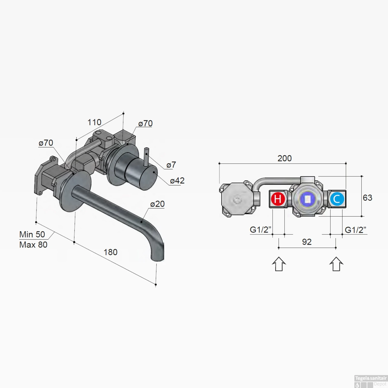 Wastafelmengkraan Hotbath Cobber Inbouw 3+3 Inbouwsysteem 1-hendel Gebogen 18 Cm Geborsteld Messing PVD - Afbeelding 4