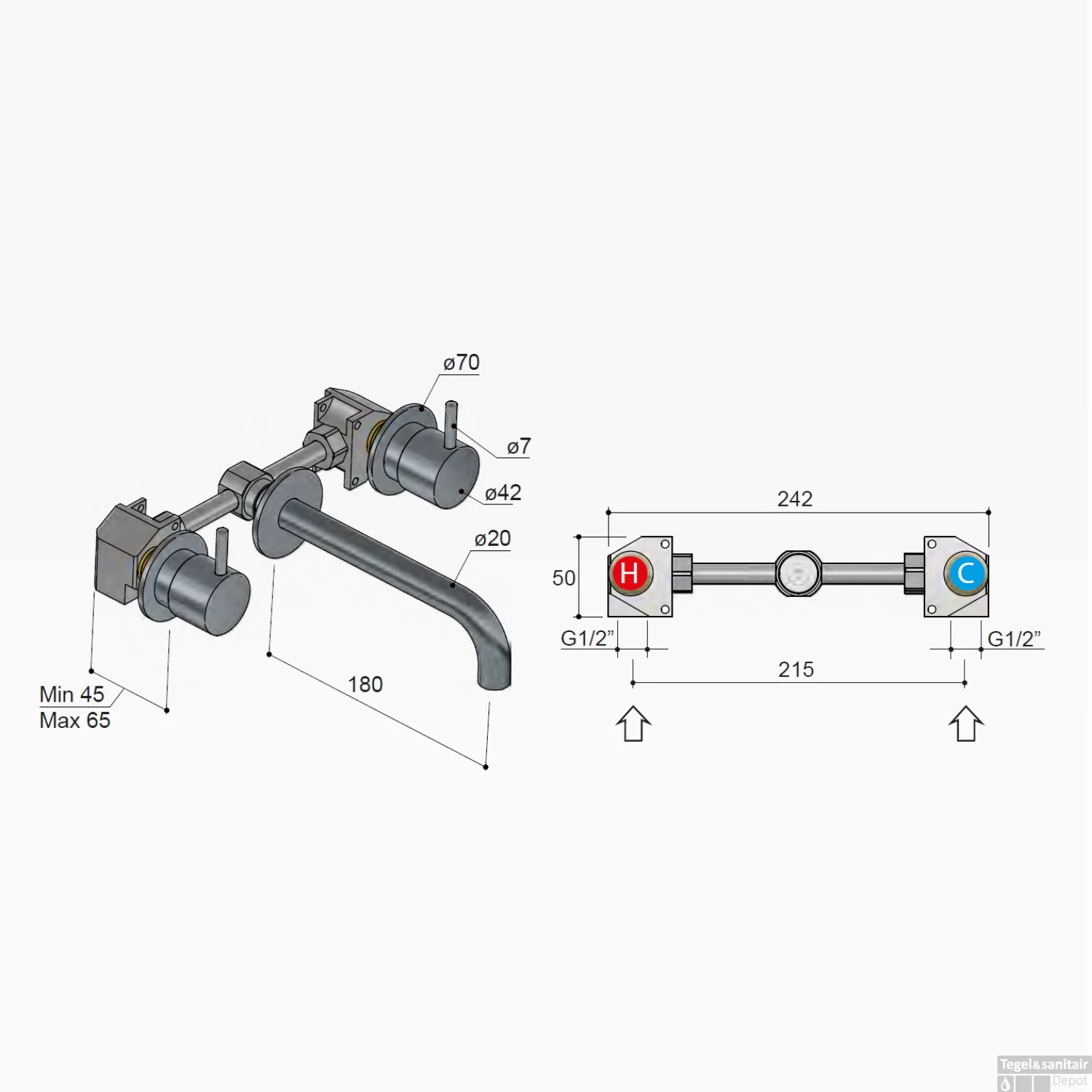 Wastafelmengkraan Hotbath Cobber Inbouw 2-hendel Gebogen 18 Cm Geborsteld Messing - Afbeelding 5