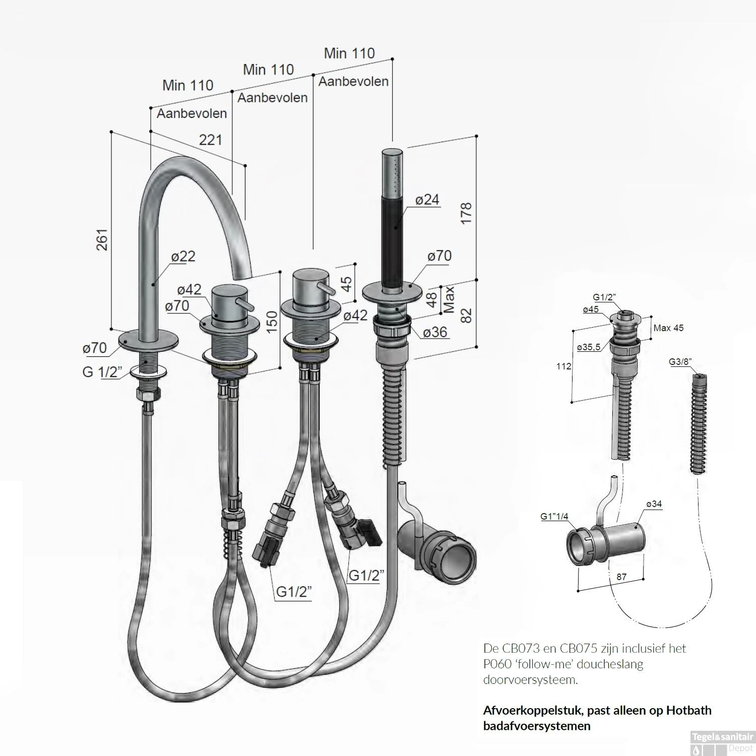Inbouw Badrandcombinatie Hotbath Cobber Met Uitloop En 2-weg Omstel Geborsteld Koper PVD (incl. Handdouche) - Afbeelding 3