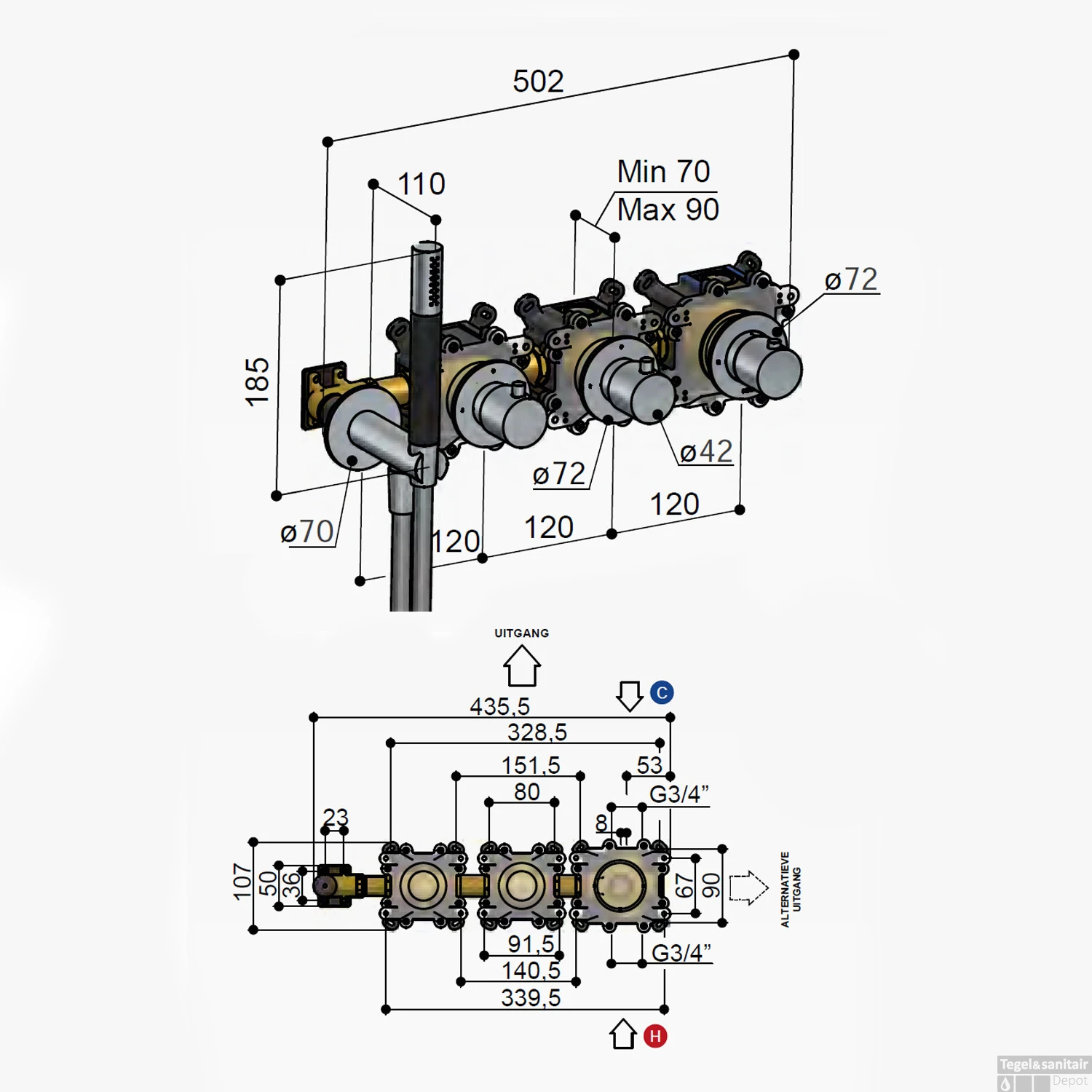 Bad- En Douchethermostaat Hotbath Cobber Inbouw 2 Stopkranen Verouderd Messing (excl. Inbouwdeel) - Afbeelding 3