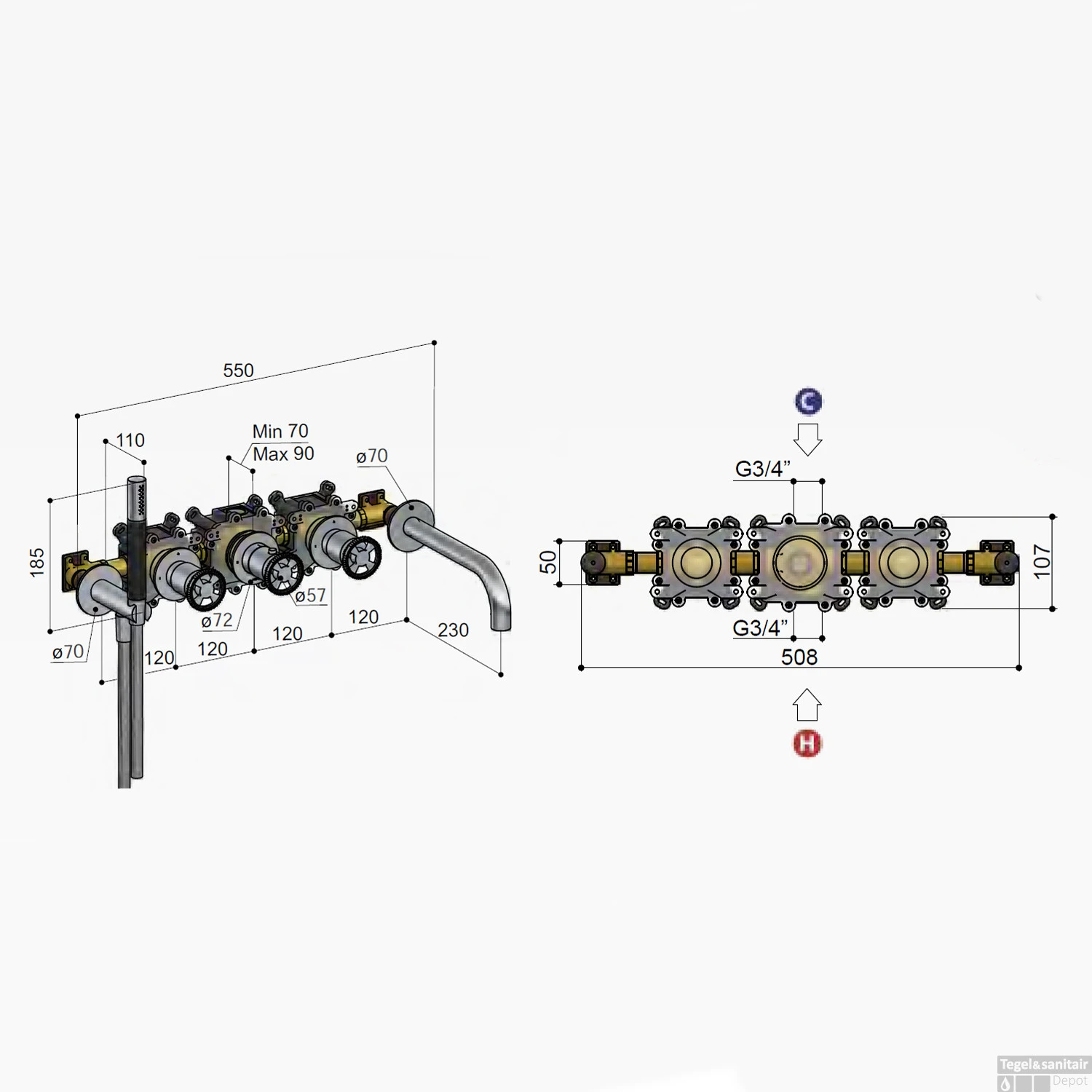 Thermostatische Badkraan Hotbath Cobber @Work Inbouw Met 2 Stopkranen En Handdouche Met Uitloop Geborsteld Nikkel 6 Thermostatische Badkraan Hotbath Cobber @Work Inbouw Met 2 Stopkranen En Handdouche Met Uitloop Geborsteld Nikkel - Afbeelding 4