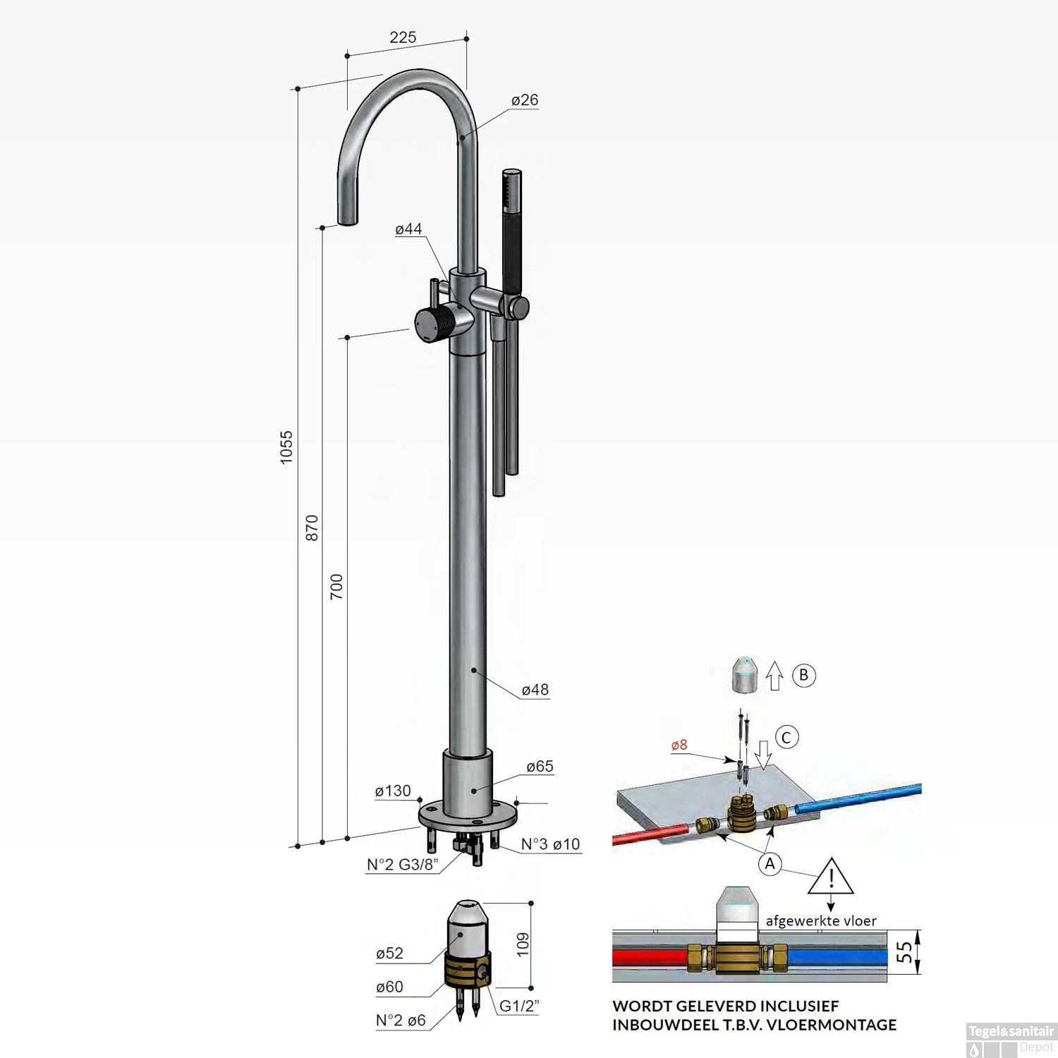 Vrijstaande Badkraan Hotbath Cobber X Met Doucheslang En Handdouche Geborsteld Nikkel - Afbeelding 4
