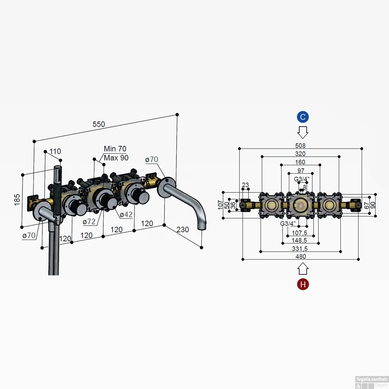 Thermostatische Badkraan Hotbath Cobber X Inbouw Met 2 Stopkranen En Handdouche Met Uitloop Chroom - Afbeelding 4