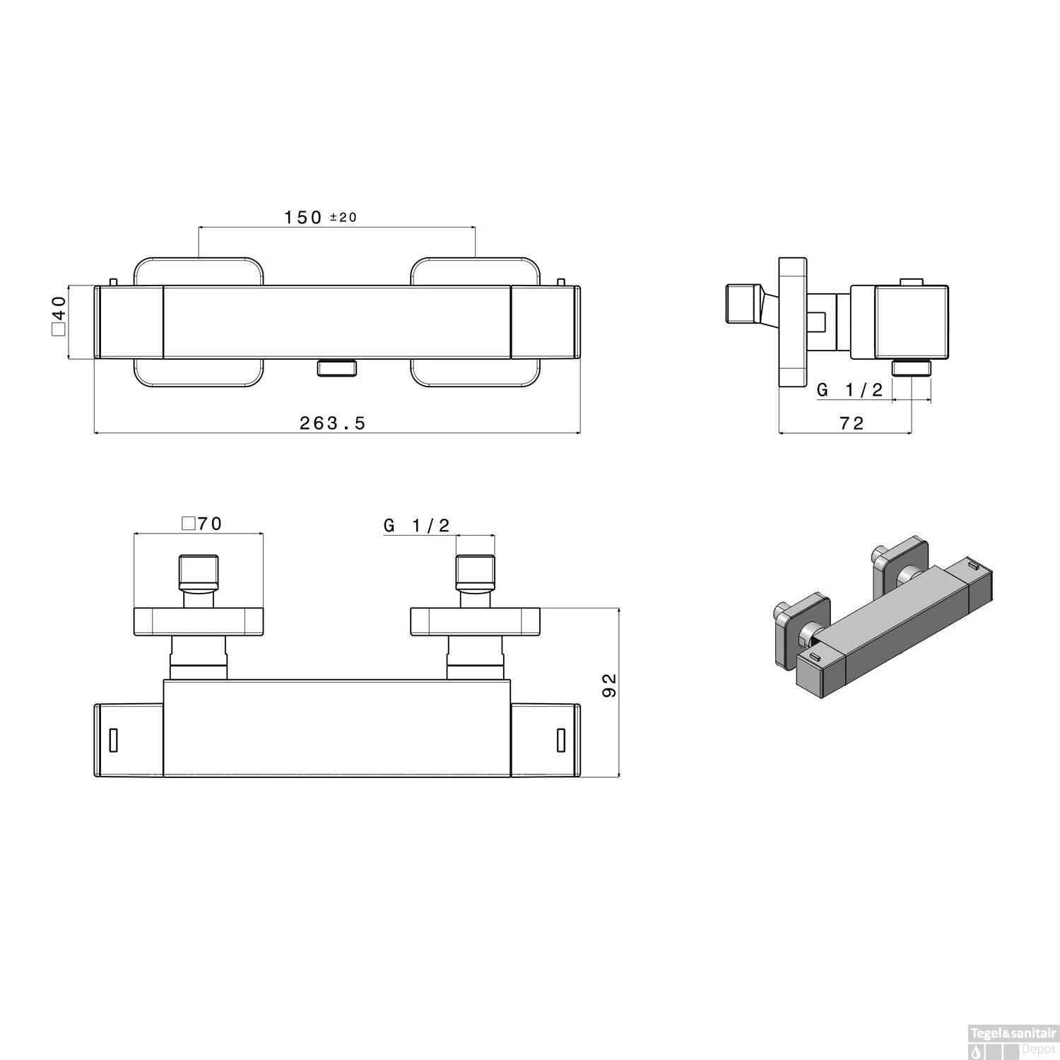 Opbouw Douchekraan Thermostatisch Sapho Dimy 2-knop Mat Zwart 6 Opbouw Douchekraan Thermostatisch Sapho Dimy 2-knop Mat Zwart - Afbeelding 4