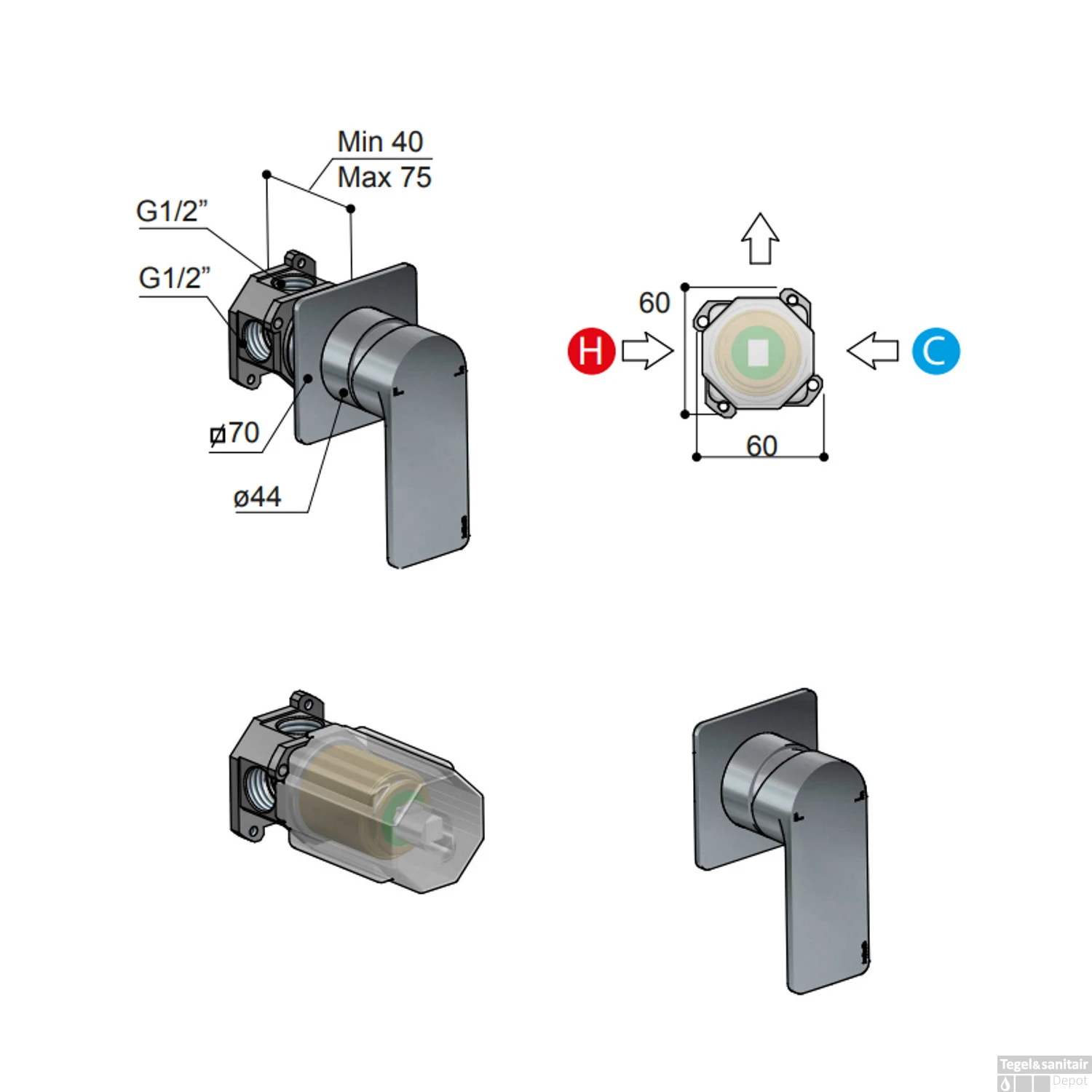 Douchekraan Inbouw Hotbath Gal Mengkraan Geborsteld Nikkel PVD (excl. Inbouwdeel) - Afbeelding 2