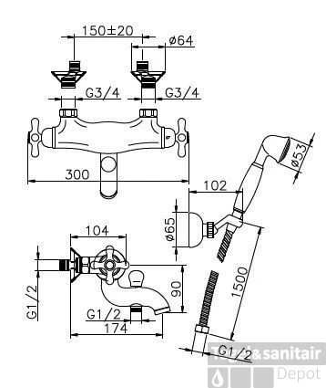 Huber Croisette Badthermostaatkraan Met Handdoucheset Chroom/Goud 193CS01HCA 3 Huber Croisette Badthermostaatkraan Met Handdoucheset Chroom/Goud 193CS01HCA