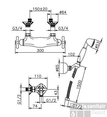Huber Croisette Douchethermostaat Met Handdouche Chroom/Goud 191CS01HCA 3 Huber Croisette Douchethermostaat Met Handdouche Chroom/Goud 191CS01HCA
