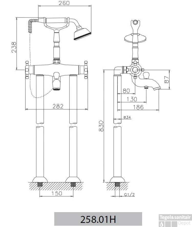 Huber Victorian Staande Thermostatische Badkraan Met Douchegarnituur Chroom 25801HCR 3 Huber Victorian Staande Thermostatische Badkraan Met Douchegarnituur Chroom 25801HCR