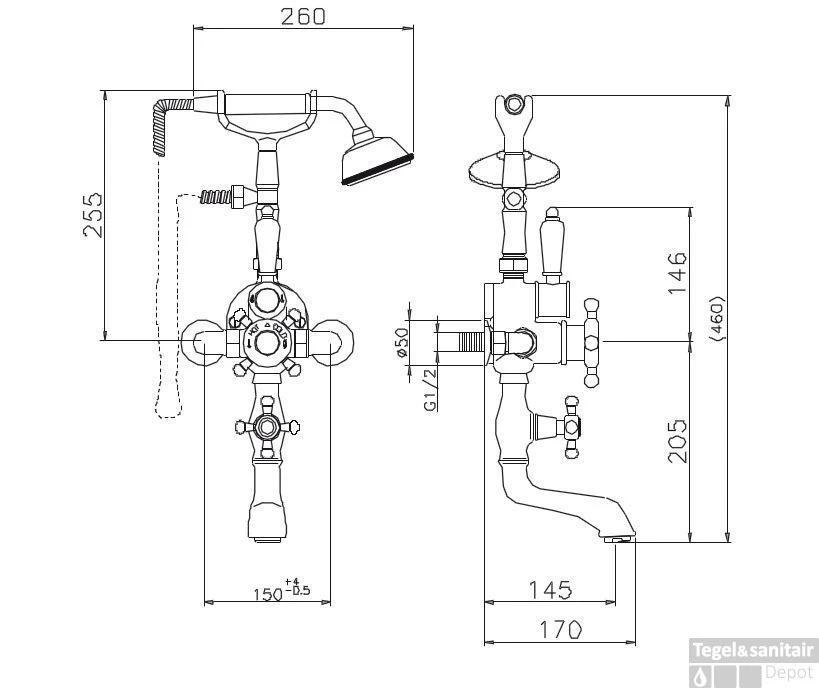Huber Victorian Thermostatische Badkraan Met Douchegarnituur Brons 198VT01HBA 3 Huber Victorian Thermostatische Badkraan Met Douchegarnituur Brons 198VT01HBA