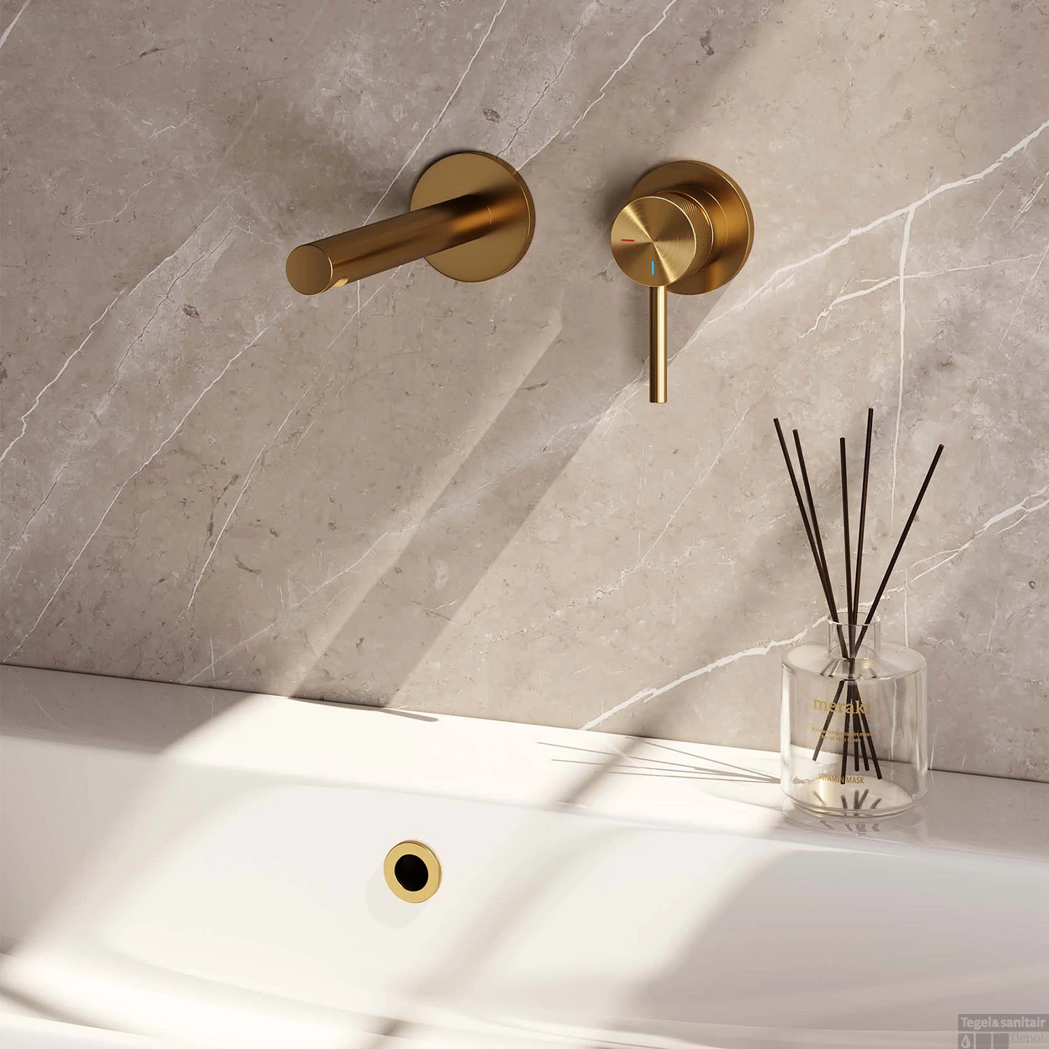 Inbouw Wastafelmengkraan Brauer Gold Carving Coldstart Rechte Uitloop Ronde Hendel Rechts Geborsteld Goud PVD Met Rozetten - Afbeelding 2