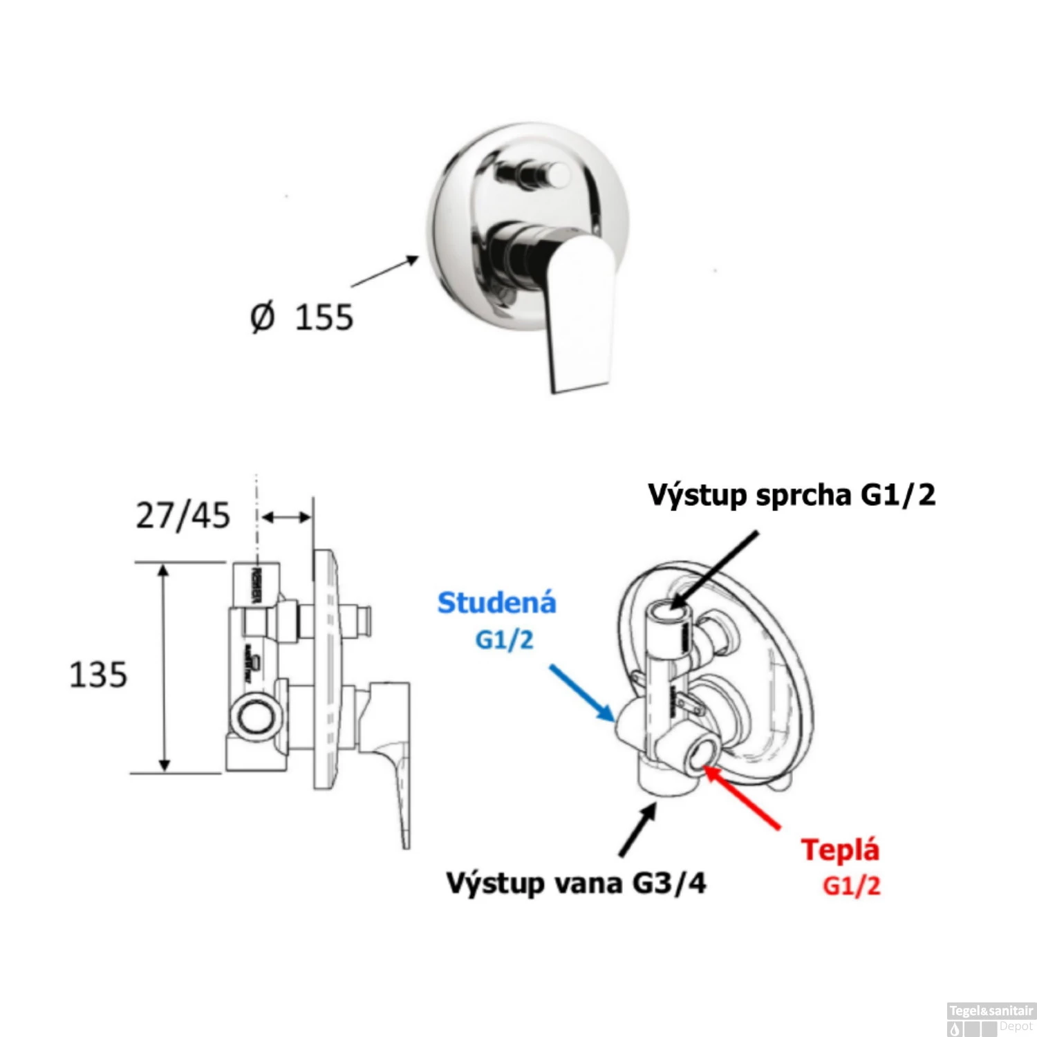 Douchekraan Inbouw Sapho KAI Mengkraan Afbouwdeel 2-weg Mat Zwart (incl. Inbouwdeel) - Afbeelding 3