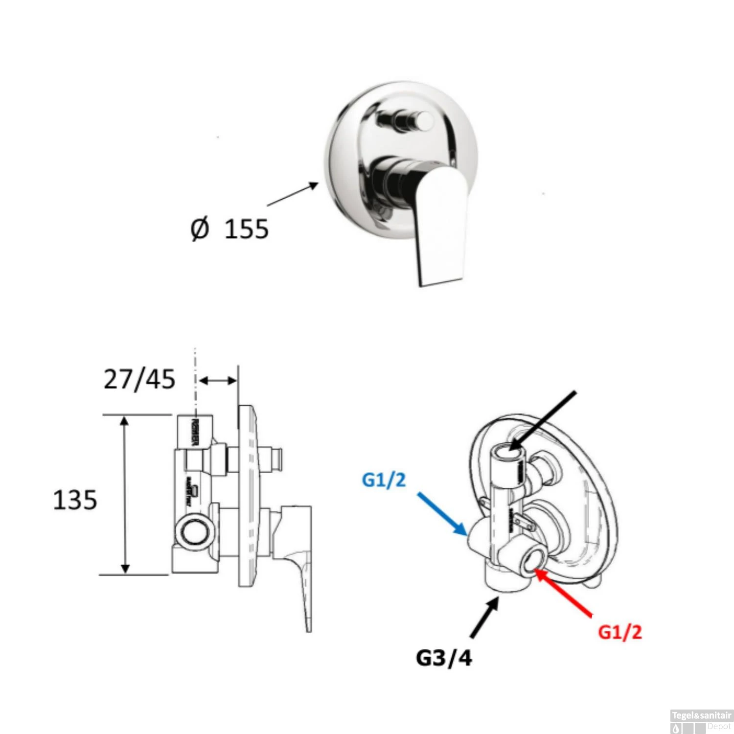 Douchekraan Inbouw Sapho KAI Mengkraan Afbouwdeel 2-weg Chroom (incl. Inbouwdeel) - Afbeelding 3