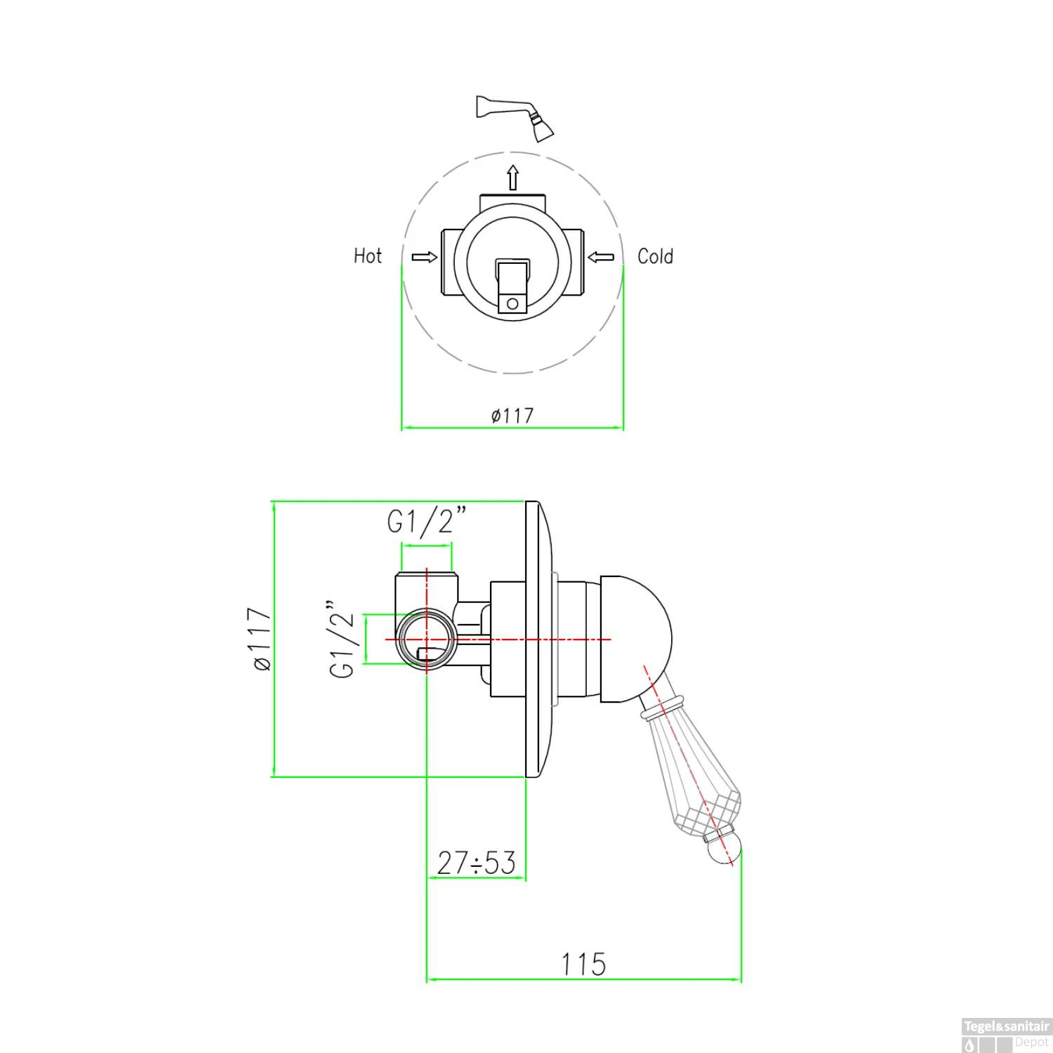 Douchekraan Inbouw Sapho Kirké Crystal Mengkraan Retro Afbouwdeel 1-weg Chroom (incl. Inbouwdeel) - Afbeelding 4