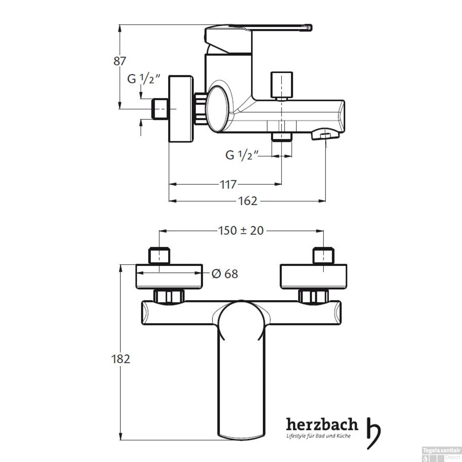Opbouw Badkraan Herzbach Cool 1/2'' Doucheslang Aansluiting Messing Chroom 4 Opbouw Badkraan Herzbach Cool 1/2'' Doucheslang Aansluiting Messing Chroom - Afbeelding 2