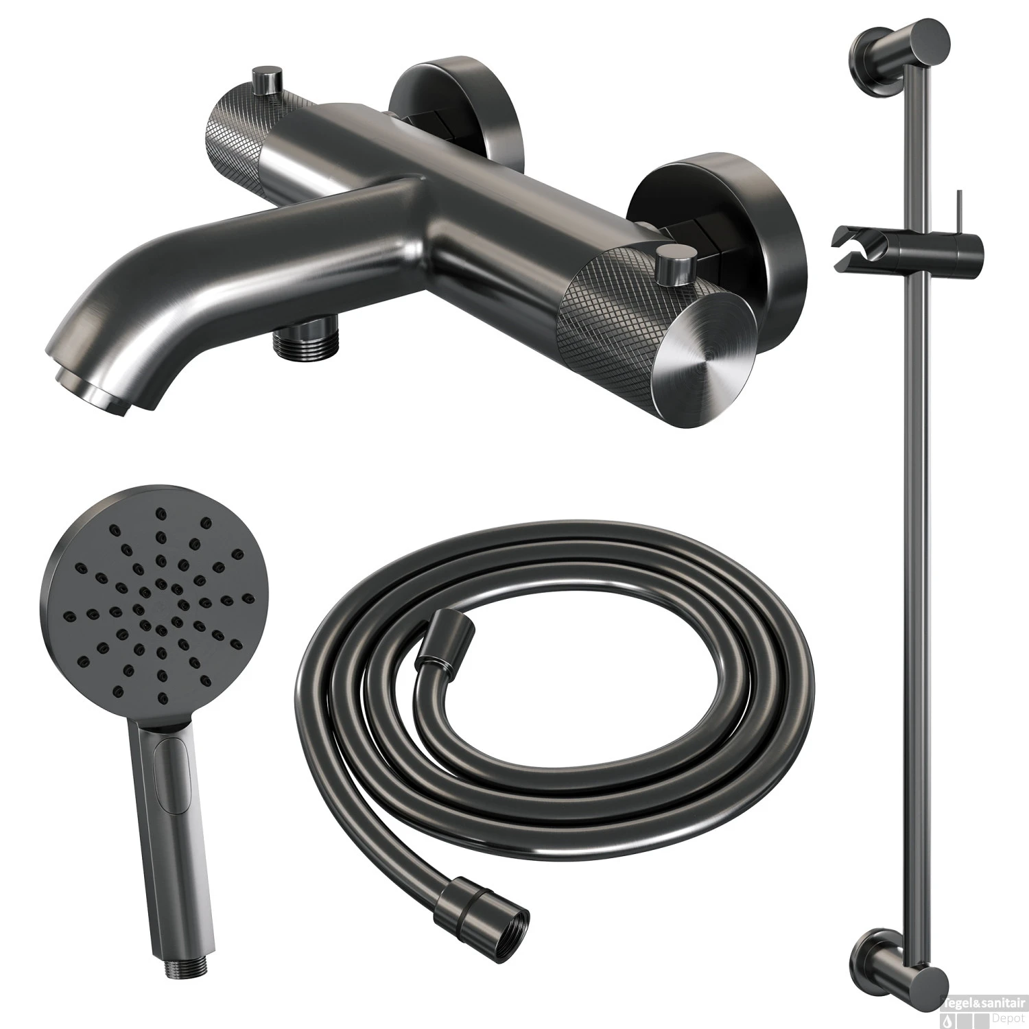 Opbouwset Bad- En Douchekraan Brauer Gunmetal Carving Thermostatisch Met Glijstang En Handdouche 3 Standen Geborsteld Gunmetal - Afbeelding 2