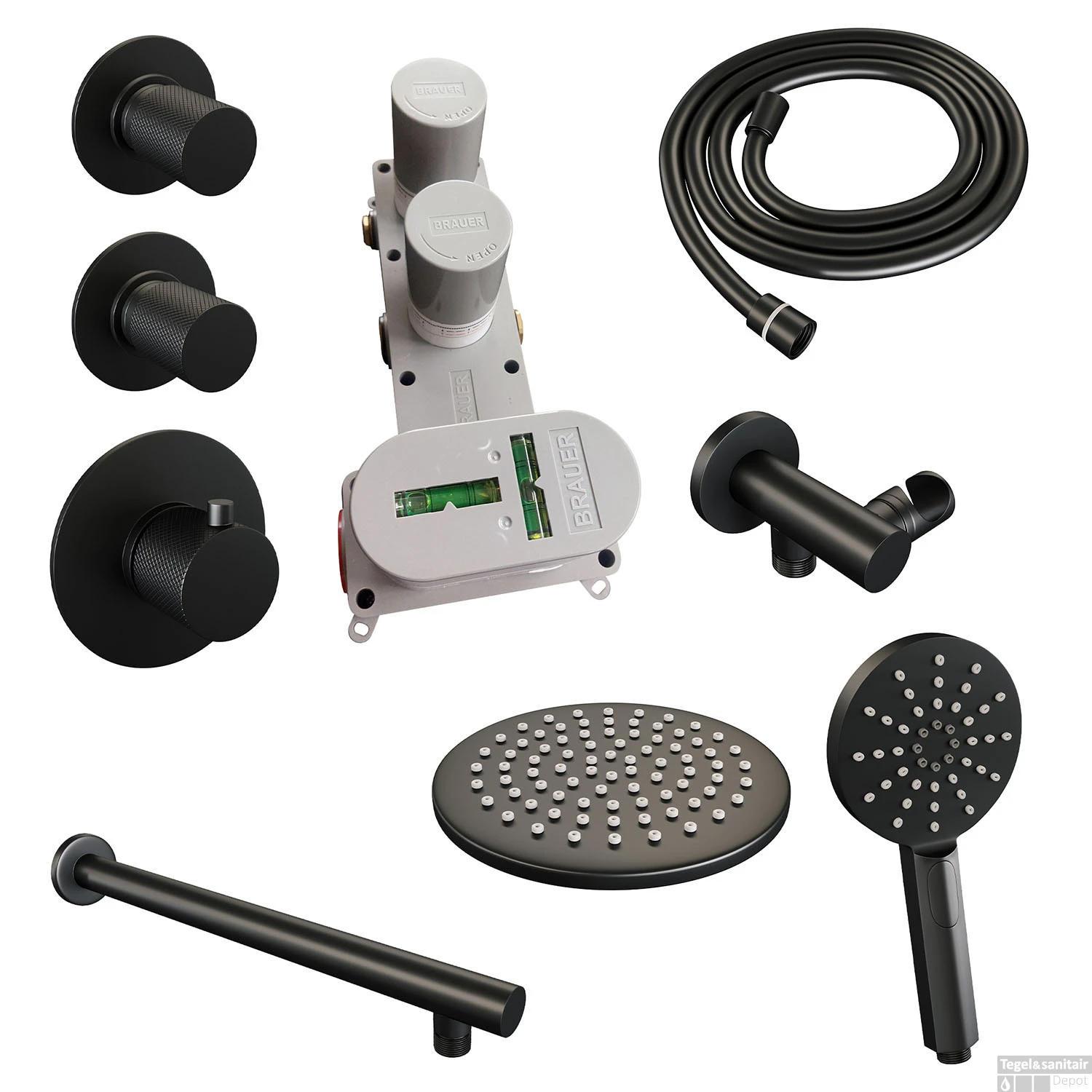 Regendoucheset Inbouw Brauer Black Carving Thermostatisch 20cm Met Wandarm En Handdouche 3-Standen Losse Stopkranen Mat Zwart 5 Regendoucheset Inbouw Brauer Black Carving Thermostatisch 20cm Met Wandarm En Handdouche 3-Standen Losse Stopkranen Mat Zwart - Afbeelding 3