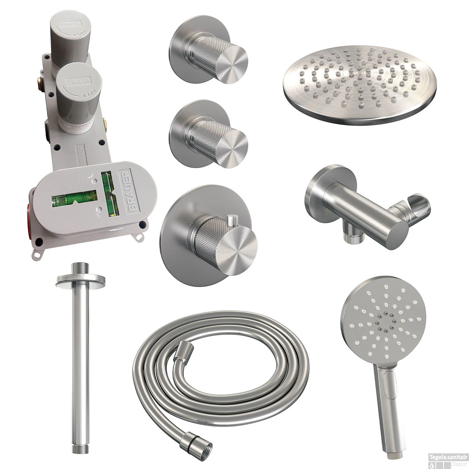 Regendoucheset Inbouw Brauer Brushed Carving Thermostatisch 20cm Met Plafondarm En Handdouche 3-Standen Losse Stopkranen Geborsteld RVS 5 Regendoucheset Inbouw Brauer Brushed Carving Thermostatisch 20cm Met Plafondarm En Handdouche 3-Standen Losse Stopkranen Geborsteld RVS - Afbeelding 3