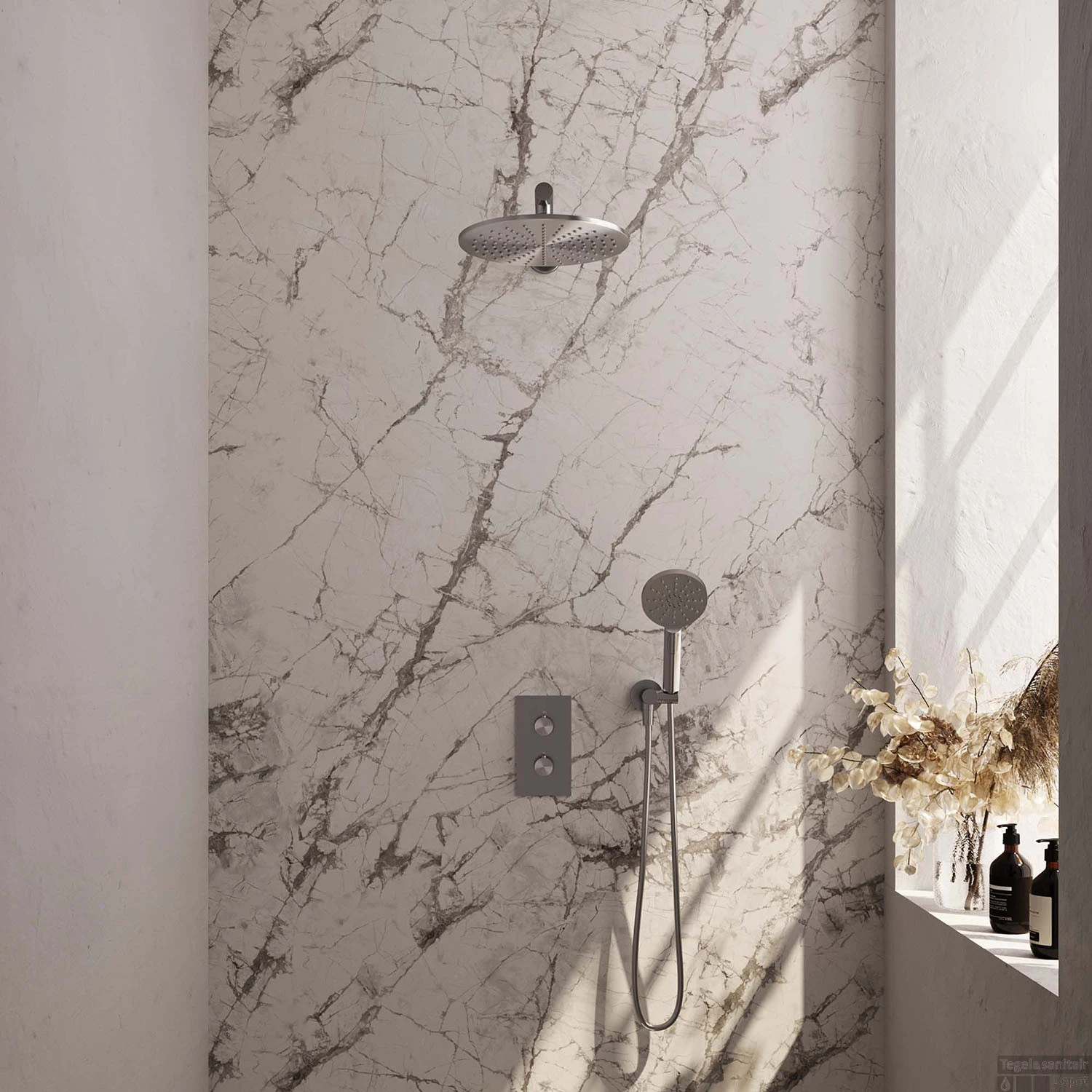 Regendoucheset Inbouw Brauer Brushed Carving Thermostatisch 30cm Met 3-Weg Omstelling, Wandarm En 3-Standen Handdouche Geborsteld RVS 3 Regendoucheset Inbouw Brauer Brushed Carving Thermostatisch 30cm Met 3-Weg Omstelling, Wandarm En 3-Standen Handdouche Geborsteld RVS