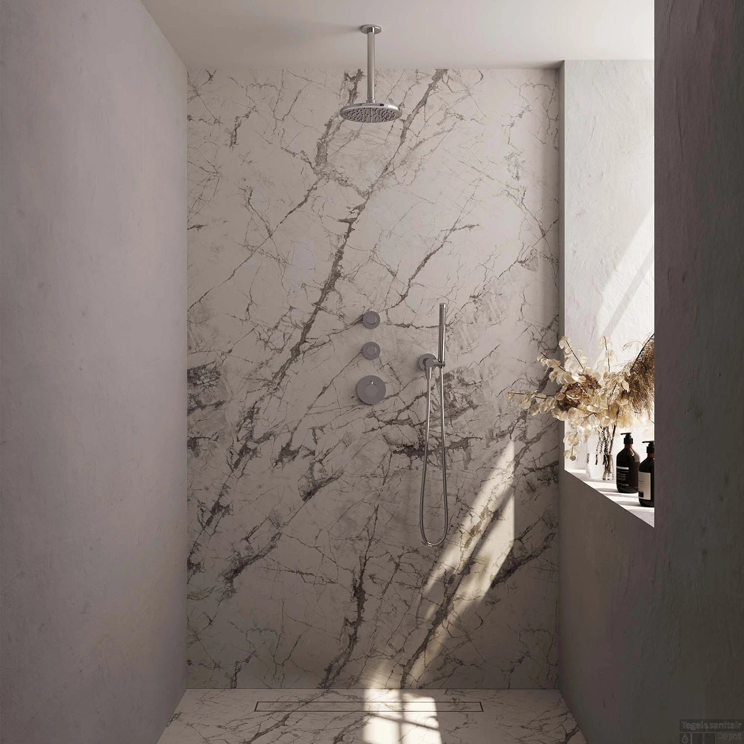 Regendoucheset Inbouw Brauer Chrome Carving Thermostatisch 20cm Met Plafondarm En Handdouche Staaf Losse Stopkranen Chroom - Afbeelding 2