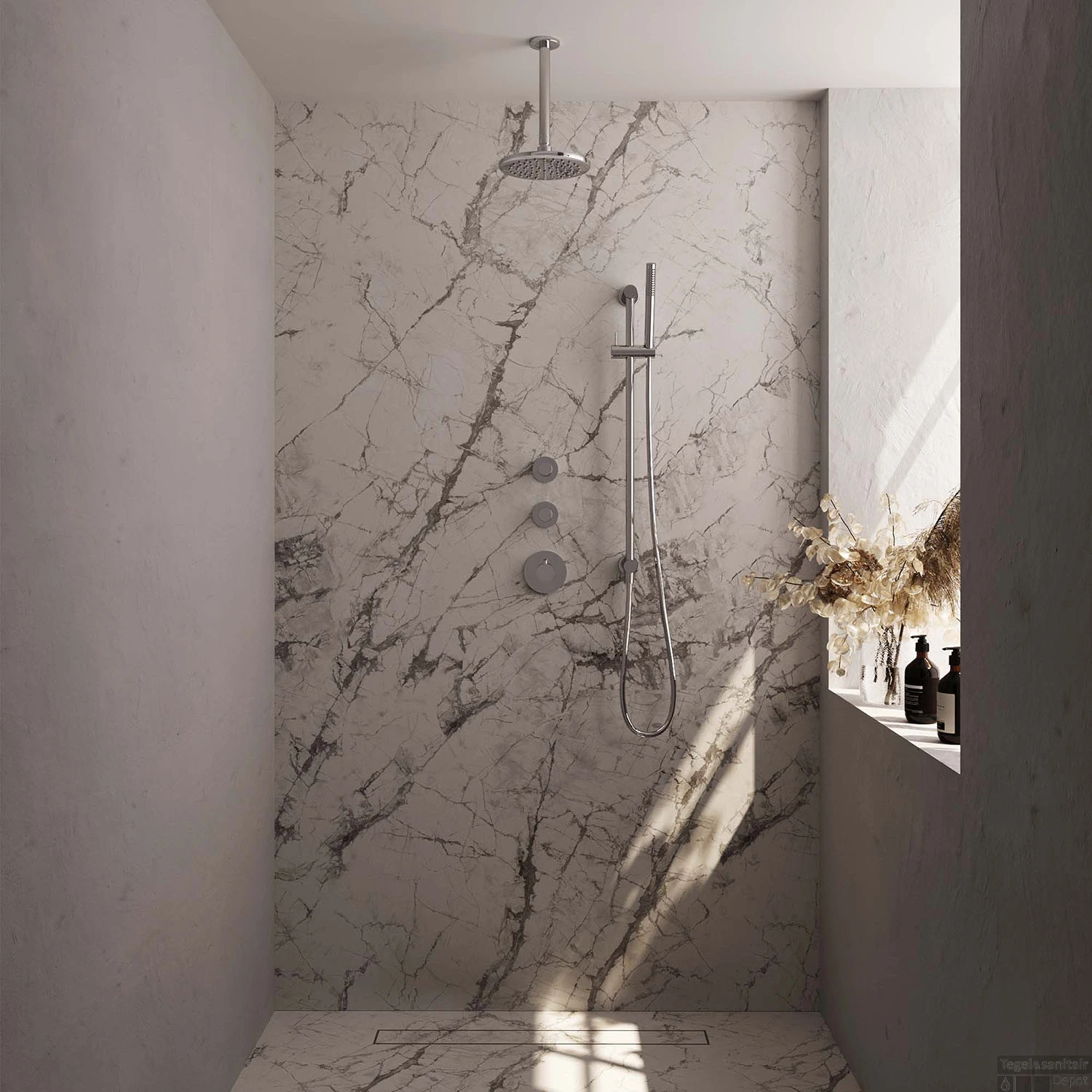 Regendoucheset Inbouw Brauer Chrome Carving Thermostatisch 20cm Met Plafondarm, Glijstang En Handdouche Staaf Losse Stopkranen Chroom 4 Regendoucheset Inbouw Brauer Chrome Carving Thermostatisch 20cm Met Plafondarm, Glijstang En Handdouche Staaf Losse Stopkranen Chroom - Afbeelding 2