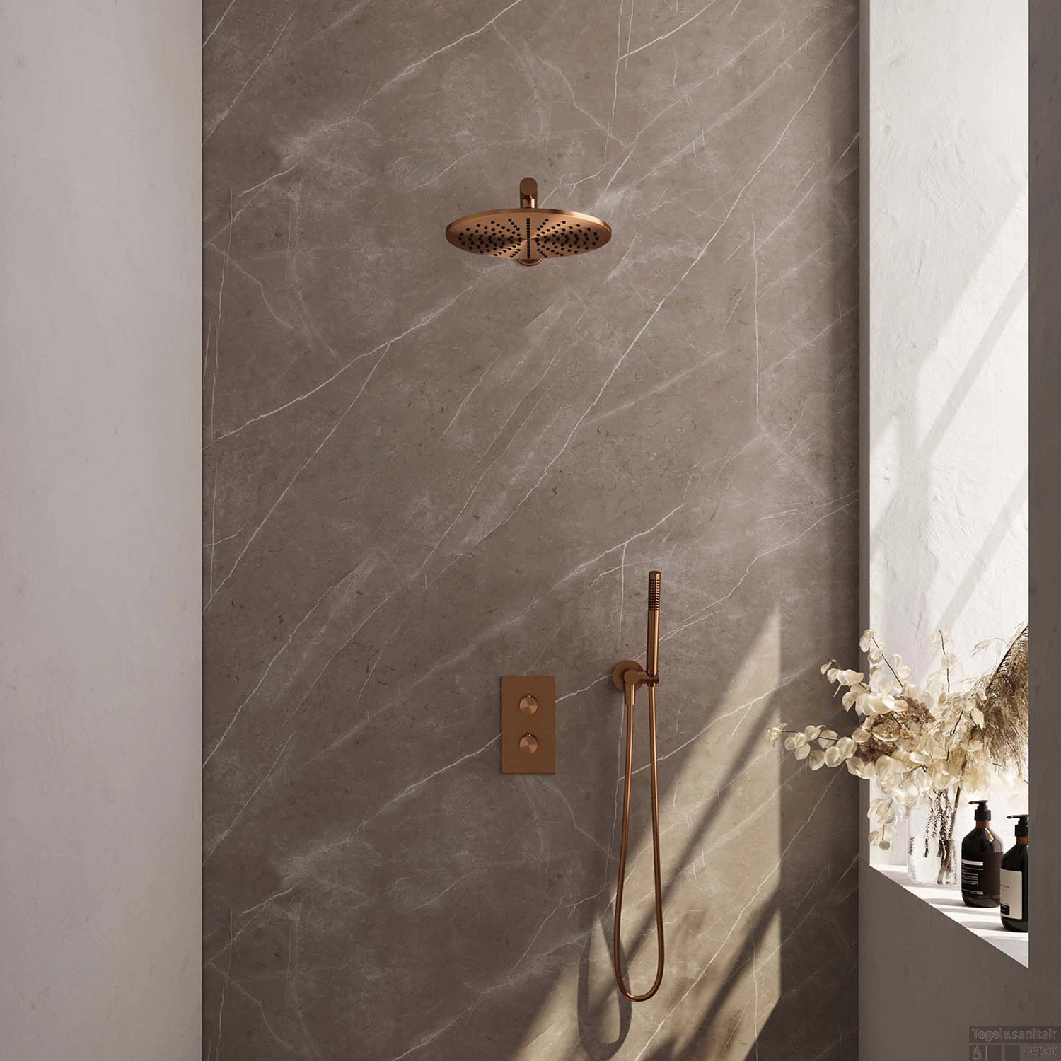 Regendoucheset Inbouw Brauer Copper Carving Thermostatisch 30cm Met 3-Weg Omstelling, Wandarm En Staaf Handdouche Geborsteld Koper
