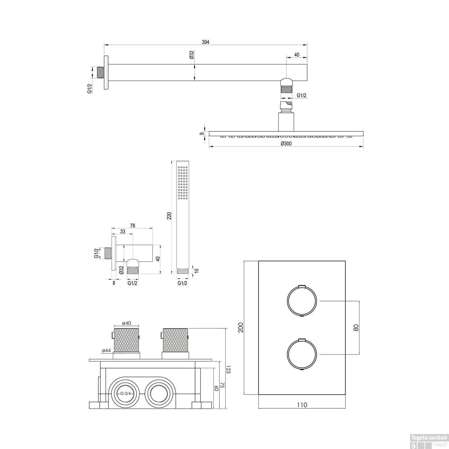 Regendoucheset Inbouw Brauer Copper Carving Thermostatisch 30cm Met 3-Weg Omstelling, Wandarm En Staaf Handdouche Geborsteld Koper - Afbeelding 12