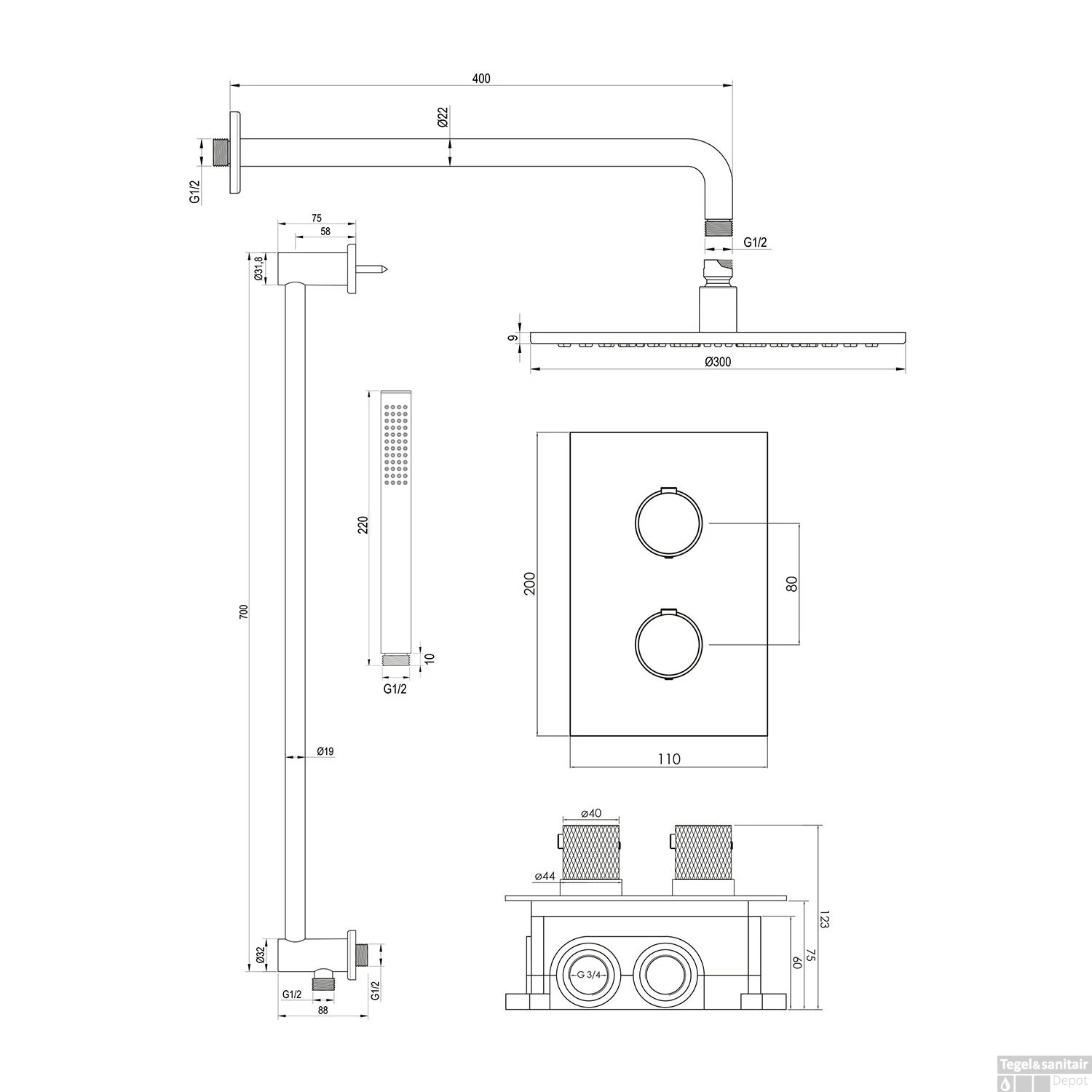 Regendoucheset Inbouw Brauer Gold Carving Thermostatisch 30cm Met 3-Weg Omstelling, Gebogen Wandarm, Glijstang En Staaf Handdouche Geborsteld Goud - Afbeelding 12