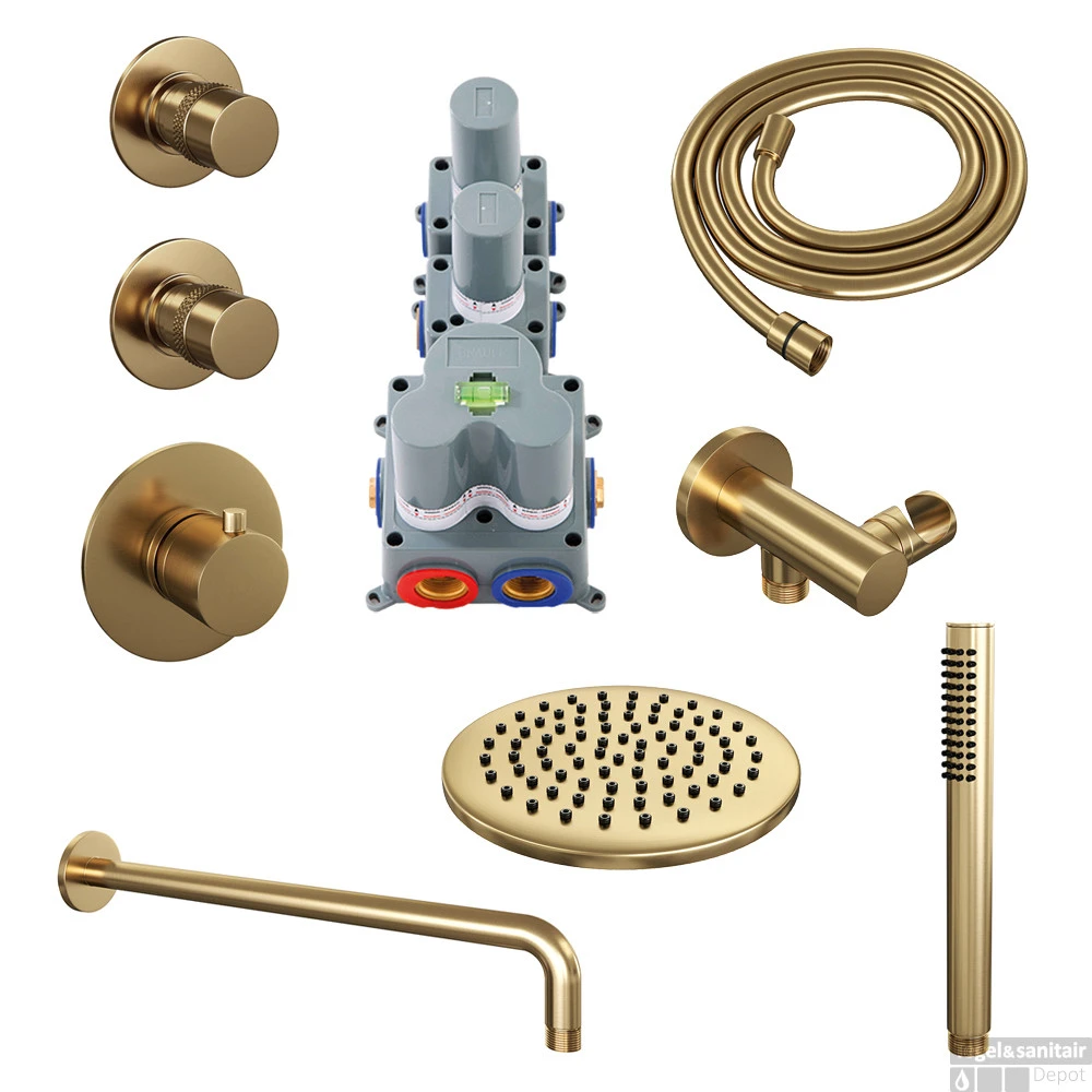 Regendoucheset Inbouw Brauer Gold Edition Thermostatisch 20cm Met Gebogen Wandarm En Handdouche Staaf Losse Stopkranen Geborsteld Goud 4 Regendoucheset Inbouw Brauer Gold Edition Thermostatisch 20cm Met Gebogen Wandarm En Handdouche Staaf Losse Stopkranen Geborsteld Goud - Afbeelding 2