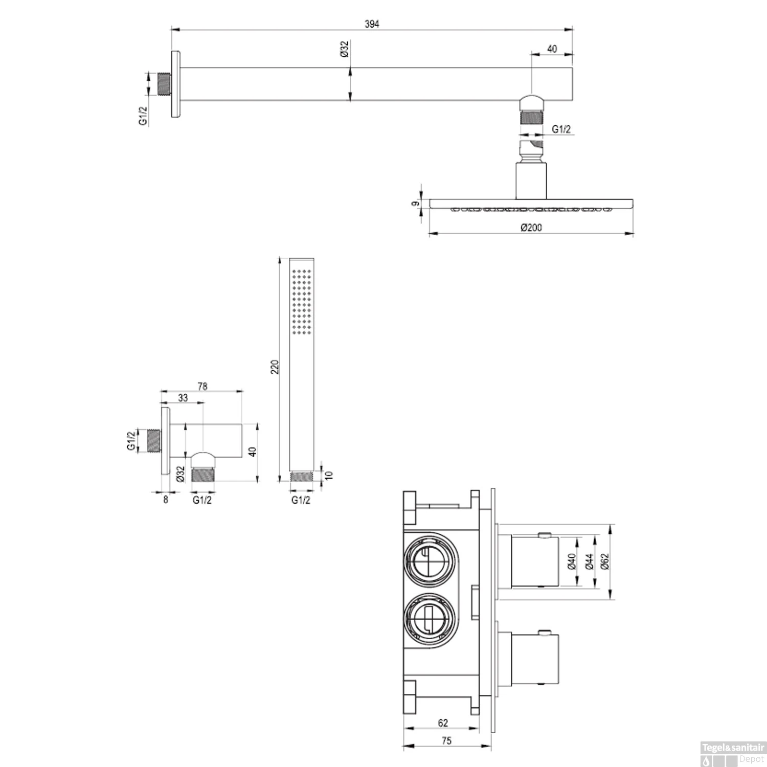 Regendoucheset Inbouw Brauer Gold Edition Thermostatisch 20cm Met 3-Weg Omstelling, Wandarm En Staaf Handdouche Geborsteld Goud 12 Regendoucheset Inbouw Brauer Gold Edition Thermostatisch 20cm Met 3-Weg Omstelling, Wandarm En Staaf Handdouche Geborsteld Goud - Afbeelding 10