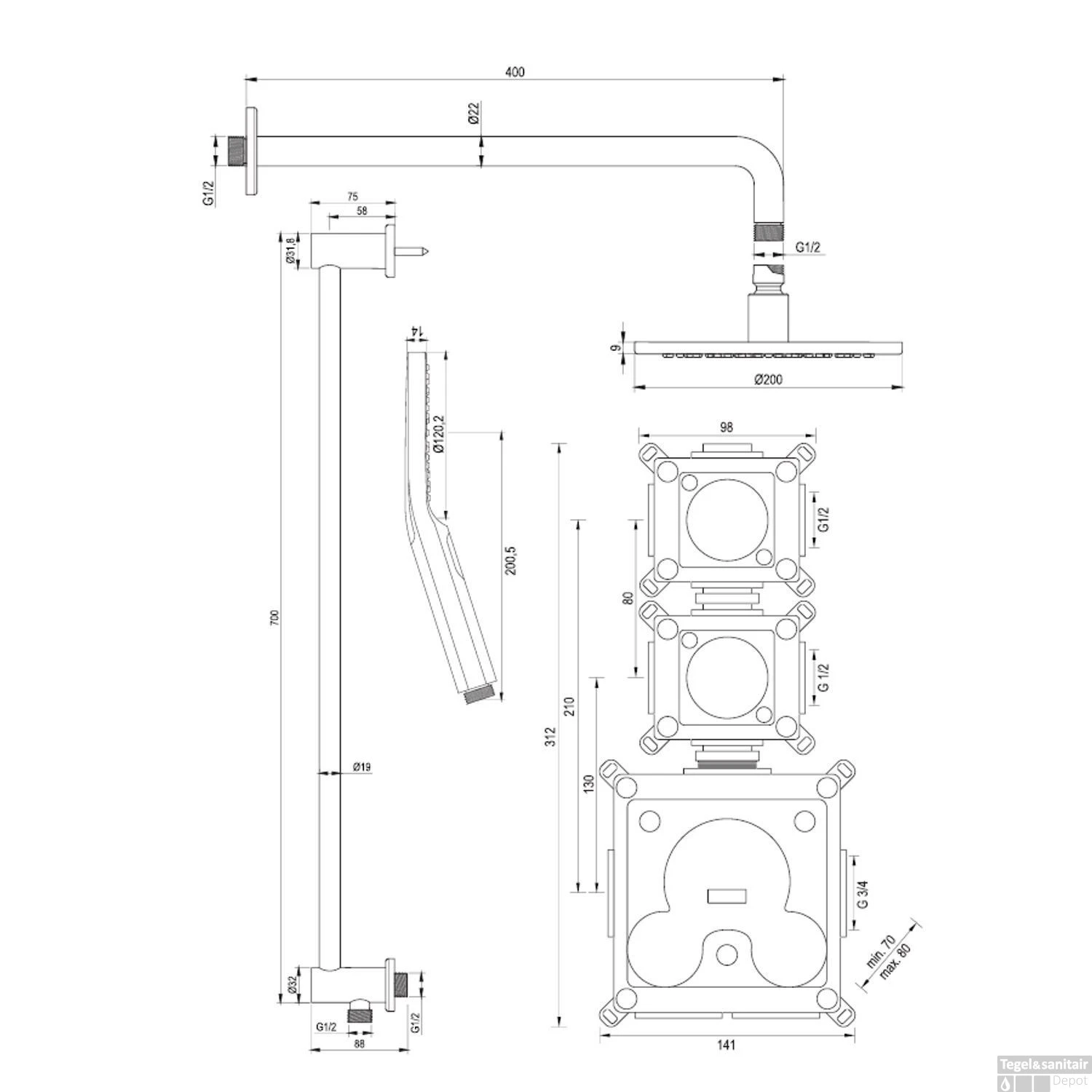 Regendoucheset Inbouw Brauer Gold Edition Thermostatisch 20cm Met Gebogen Wandarm, Glijstang En Handdouche 3-Standen Losse Stopkranen Geborsteld Goud 12 Regendoucheset Inbouw Brauer Gold Edition Thermostatisch 20cm Met Gebogen Wandarm, Glijstang En Handdouche 3-Standen Losse Stopkranen Geborsteld Goud - Afbeelding 10