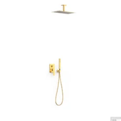 Regendoucheset Inbouw Tres Slim Exclusive Met Plafondarm En Handdoucheset Met Staafhanddouche Mat Goud