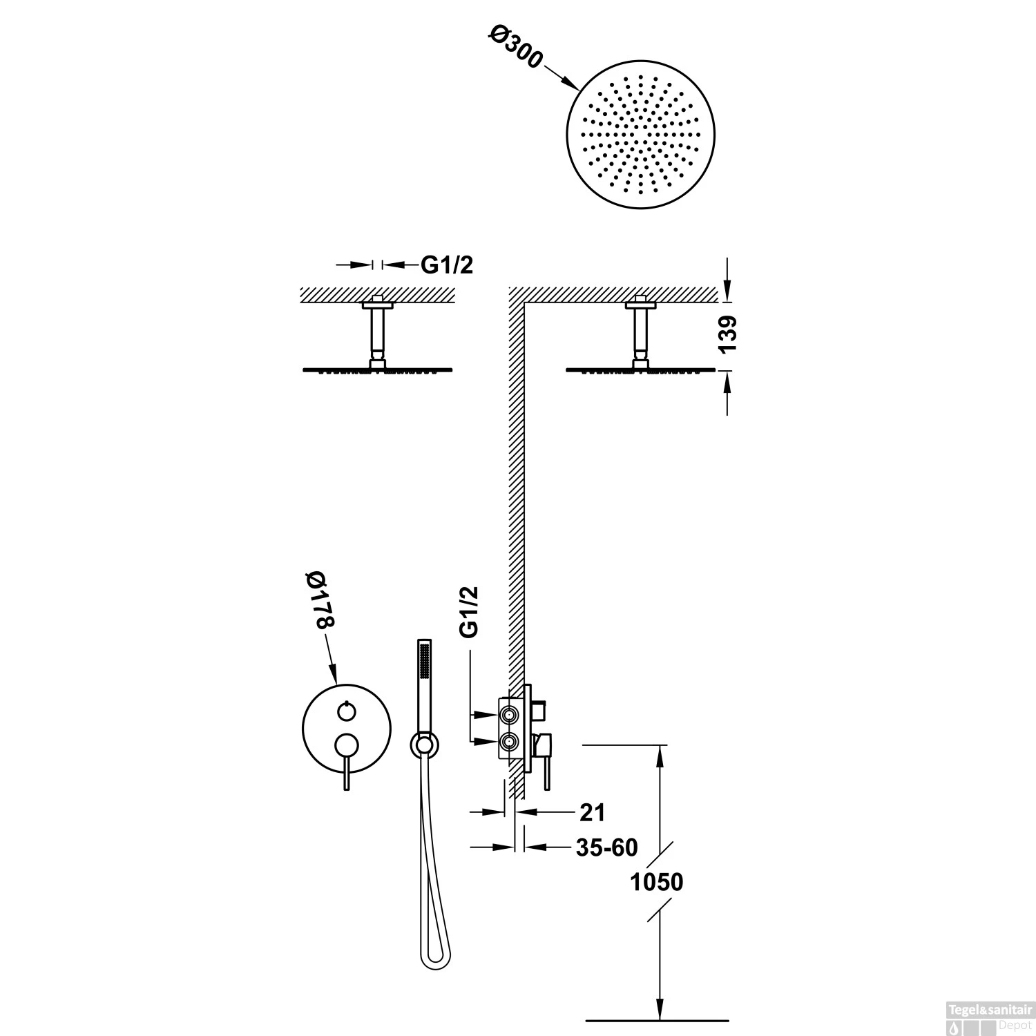 Regendoucheset Inbouw Tres Study Exclusive Rond 30 Cm Met Plafondarm En Handdoucheset Met Staafhanddouche Rapid Box Zwart Brons - Afbeelding 2